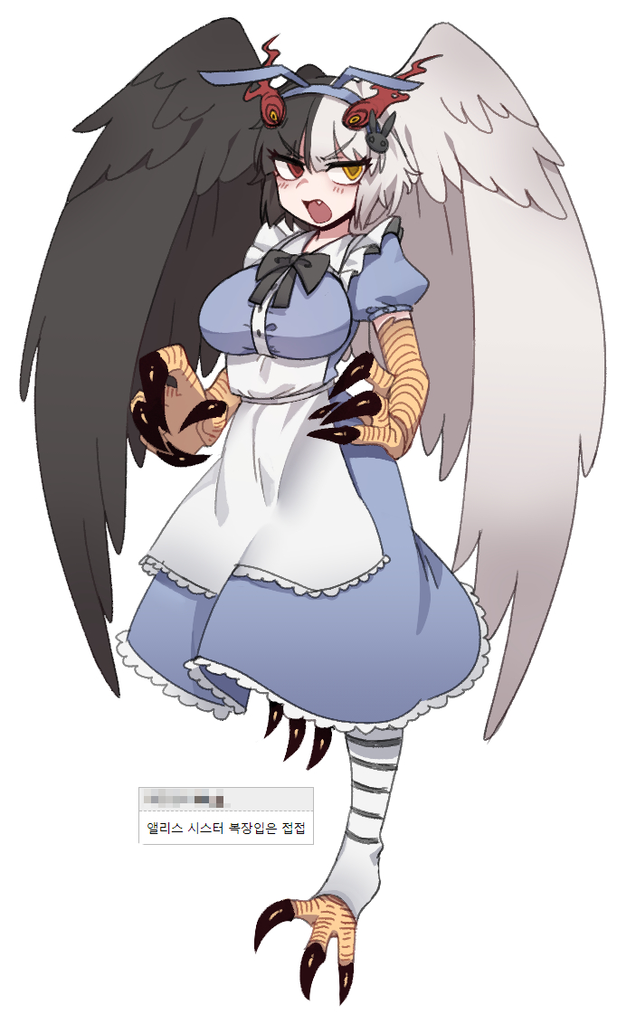 1girl alice_(black_souls) animal_feet animal_hands apron bangs bird_legs bird_wings black_bow black_souls black_wings blue_dress blue_hairband bow breasts bunny_hair_ornament cosplay dress fang feathered_wings full_body hair_ornament hairband head_wings heterochromia jubjub_(black_souls) korean_text large_breasts leg_up multicolored_hair nyong_nyong open_mouth puffy_short_sleeves puffy_sleeves red_eyes red_pupils short_hair short_sleeves simple_background solo split-color_hair striped striped_legwear talons toeless_legwear two-tone_hair v-shaped_eyebrows waist_apron white_apron white_background white_hair white_wings wings yellow_eyes yellow_pupils