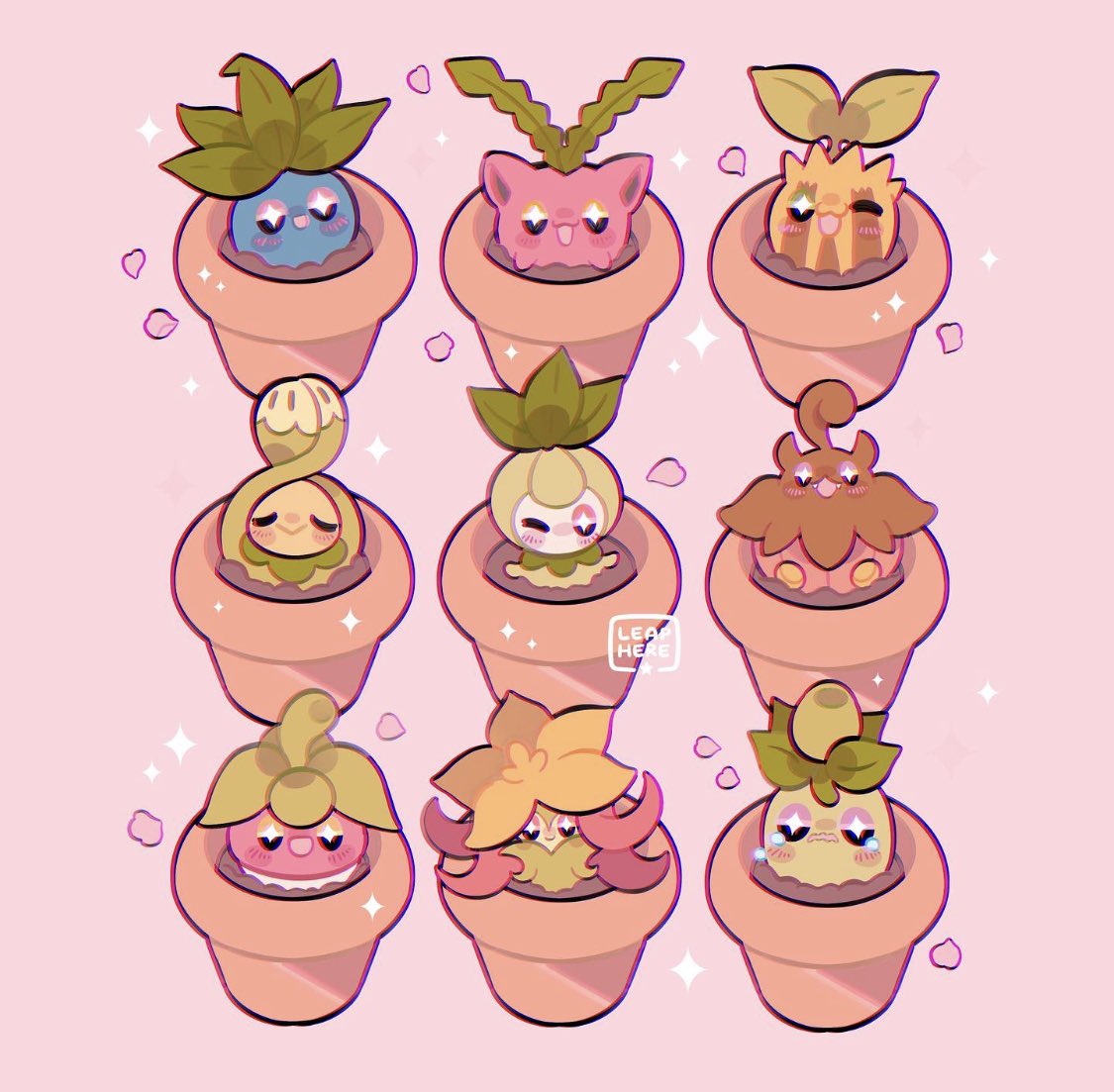 +_+ :&gt; :d blush bounsweet budew closed_eyes closed_mouth commentary crying flower_pot gossifleur hoppip leaphere looking_at_viewer no_humans oddish open_mouth petals petilil pokemon pokemon_(creature) pumpkaboo smile smoliv soil sparkle sunkern tears watermark