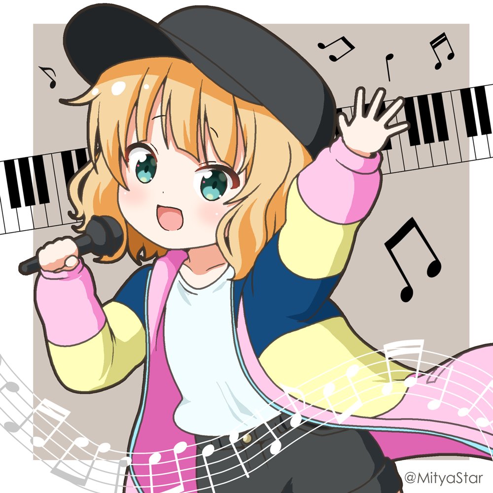 1girl :d arm_up bangs beamed_eighth_notes beamed_sixteenth_notes black_headwear black_shorts blonde_hair chibi collarbone commentary_request eighth_note flat_cap gochuumon_wa_usagi_desu_ka? green_eyes grey_background hand_up hat holding holding_microphone jacket kirima_syaro long_sleeves looking_at_viewer microphone mitya multicolored_clothes multicolored_jacket musical_note open_clothes open_jacket paripi_koumei piano_keys puffy_long_sleeves puffy_sleeves quarter_note shirt short_shorts shorts smile solo tsukimi_eiko twitter_username two-tone_background white_background white_shirt