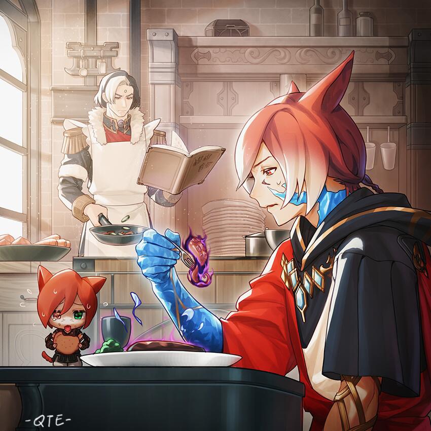 3boys animal_ears apron artist_name bad_food bangs black_robe book bottle bowl boxingm braid braided_ponytail brick_wall brown_hair cat_ears cat_tail chinese_commentary commentary_request cooking cooking_pot crystal crystal_exarch crystallization day dual_persona emet-selch epaulettes facial_mark final_fantasy final_fantasy_xiv floating floating_book floating_object flying_sweatdrops food fork fringe_trim from_side frown frying_pan fur_trim g'raha_tia garlean glowing green_eyes heterochromia holding holding_food holding_fork holding_frying_pan hood hood_down hooded_robe indoors kitchen long_sleeves male_focus miniboy miqo'te multicolored_hair multiple_boys plate red_eyes robe short_hair short_ponytail signature single_braid sitting standing streaked_hair sweat swept_bangs tail tentacles third_eye tongue tongue_out two-tone_hair upper_body v-shaped_eyebrows white_apron white_hair window
