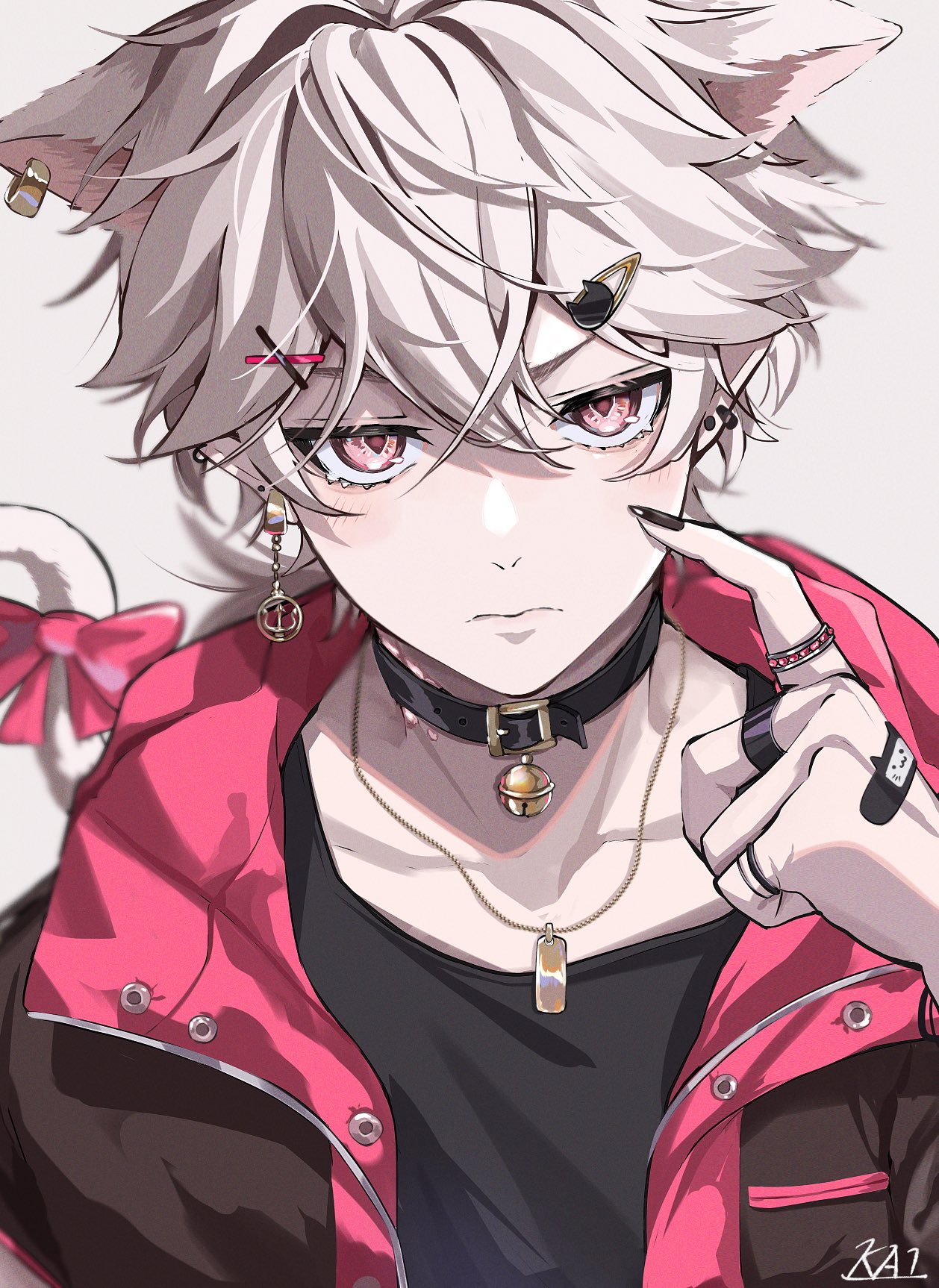 1boy animal_ears bandaid bandaid_on_hand bell black_nails black_shirt bow cat_boy cat_ears cat_tail collar ear_piercing earrings hair_between_eyes highres jewelry ka1_(user_hkdw4252) male_focus neck_bell necklace original piercing pink_bow pink_eyes ring shirt signature solo stud_earrings tail upper_body white_hair