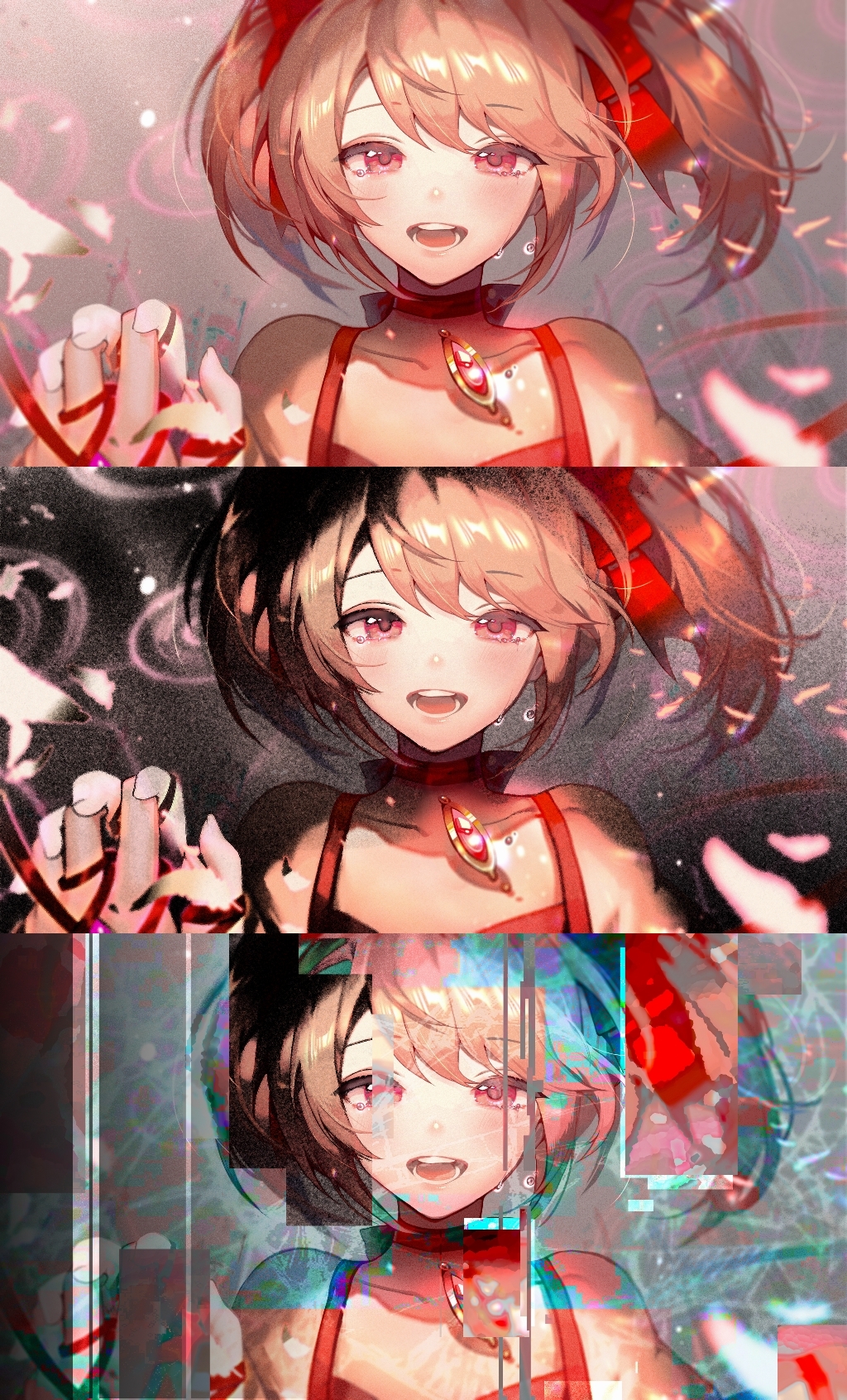 1girl bangs bow bow_choker chinese_commentary choker collarbone commentary_request crying crying_with_eyes_open falling_petals film_grain glitch glowing_petals grey_background hair_bow hand_up highres holding_hands kaname_madoka kong_tiao_bo_zi looking_at_viewer magical_girl mahou_shoujo_madoka_magica multiple_views open_mouth out_of_frame petals pink_eyes pink_hair portrait progression red_choker red_ribbon ribbon short_hair short_twintails solo_focus soul_gem straight-on tears twintails