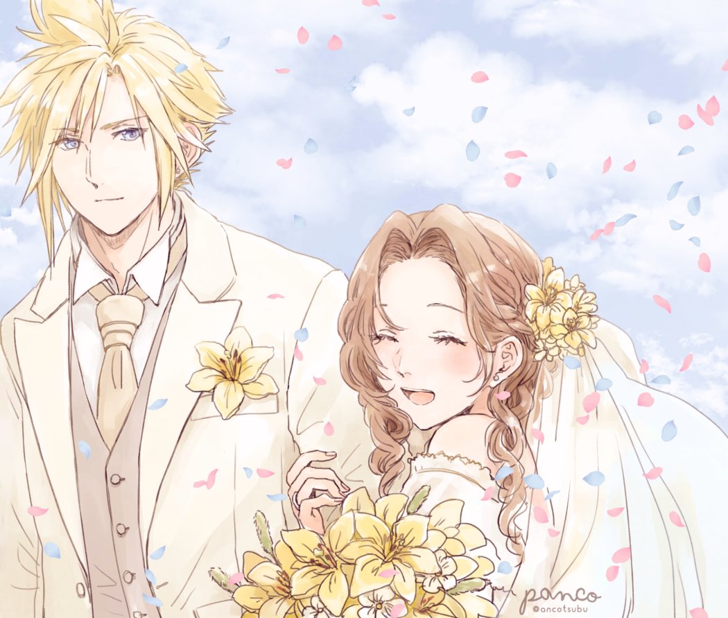 1boy 1girl aerith_gainsborough alternate_costume ancotsubu bangs bare_shoulders blonde_hair blue_eyes blush bouquet bridal_veil bride closed_eyes cloud_strife couple dress earrings falling_petals final_fantasy final_fantasy_vii flower formal grey_waistcoat groom hair_between_eyes hair_flower hair_ornament holding holding_another's_arm holding_bouquet jacket jewelry necktie open_mouth parted_bangs petals shirt short_hair sidelocks single_earring smile spiky_hair suit tuxedo upper_body veil wavy_hair white_dress white_jacket white_shirt white_suit yellow_flower