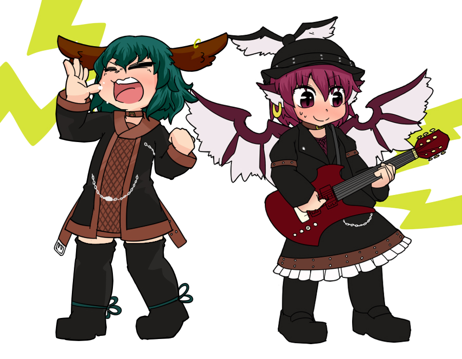 2girls animal_ears bird_ears bird_wings black_dress black_footwear blackbad blush boots brown_headwear choujuu_gigaku closed_mouth dog_ears dress earrings electric_guitar frilled_dress frills full_body green_hair guitar hair_between_eyes hat holding holding_instrument instrument jewelry kasodani_kyouko knee_boots long_sleeves multiple_girls music mystia_lorelei open_mouth pink_eyes pink_hair playing_instrument short_hair shouting single_earring smile teeth touhou upper_teeth white_wings winged_hat wings