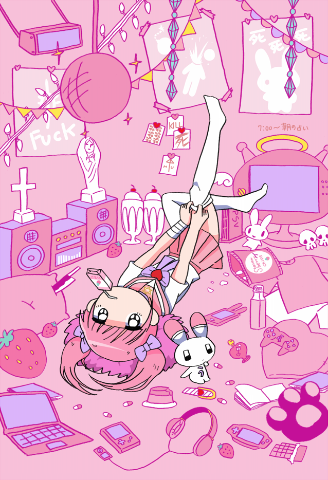 1990s_(style) 1girl bag_of_chips bandaged_arm bandages bangs blunt_bangs bottle bow candy chocolate chocolate_bar controller cross crystal disco_ball drinking_straw drinking_straw_in_mouth ezaki_bisuko food fruit game_boy game_boy_advance game_controller gamepad hair_bow handheld_game_console headphones indoors knife looking_at_viewer lying menhera-chan_(ezaki_bisuko) menhera-chan_(ezaki_bisuko)_(character) messy_room miniskirt on_back pill pillow pink_hair pink_skirt pink_theme pleated_skirt profanity purple_bow putting_on_legwear retro_artstyle school_uniform serafuku shirt short_hair short_sleeves skirt skull solo sticky_note strawberry television thigh-highs twintails virgin_mary white_shirt white_thighhighs yume_kawaii