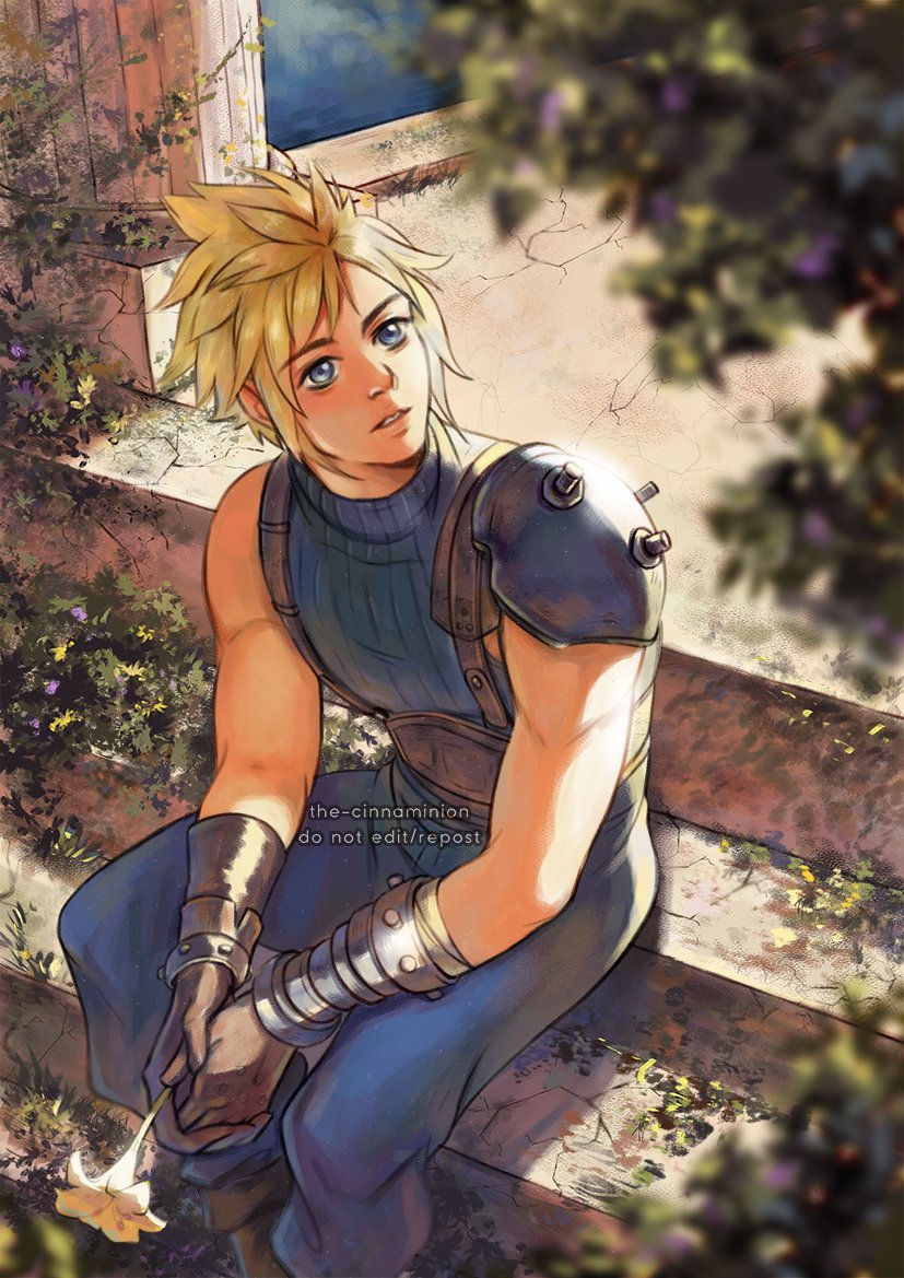 1boy armor belt blonde_hair blue_eyes blue_pants blue_shirt blurry blurry_foreground boots cloud_strife final_fantasy final_fantasy_vii final_fantasy_vii_remake flower foliage gloves holding holding_flower looking_to_the_side male_focus own_hands_together pants parted_lips shirt short_hair shoulder_armor sitting sleeveless sleeveless_turtleneck solo spiky_hair stairs suspenders thar_chandran turtleneck