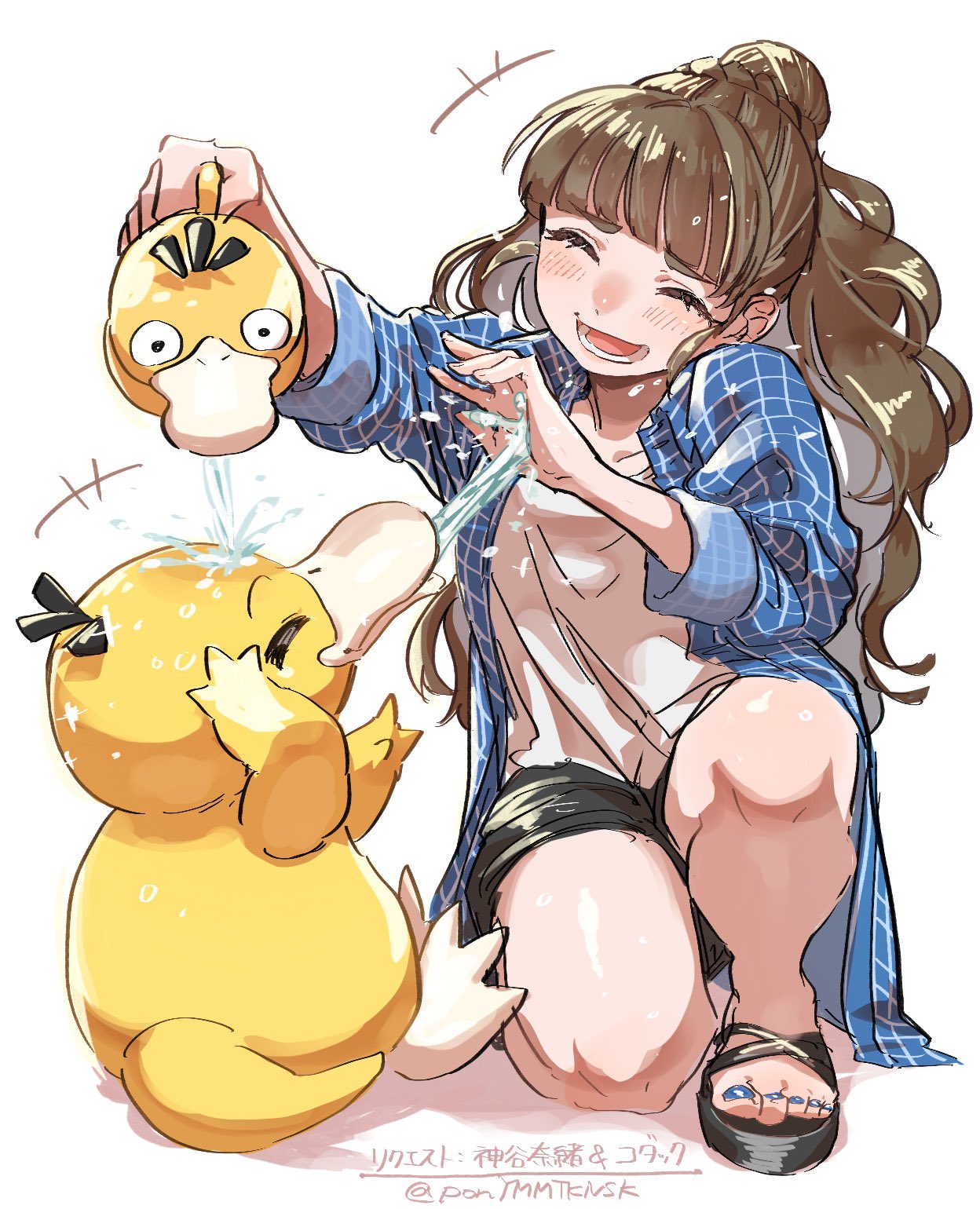 1girl ^_^ ^o^ bangs black_shorts blocking blue_jacket blunt_bangs blush braid brown_hair closed_eyes crossover french_braid hair_bun highres idolmaster idolmaster_cinderella_girls jacket kamiya_nao nail_polish one_knee plaid plaid_jacket playing pokemon pokemon_(creature) pon_(ponymmtknsk) psyduck sandals shirt shorts single_hair_bun thick_eyebrows toenail_polish toenails water_gun_(pokemon) watering watering_can wet white_shirt