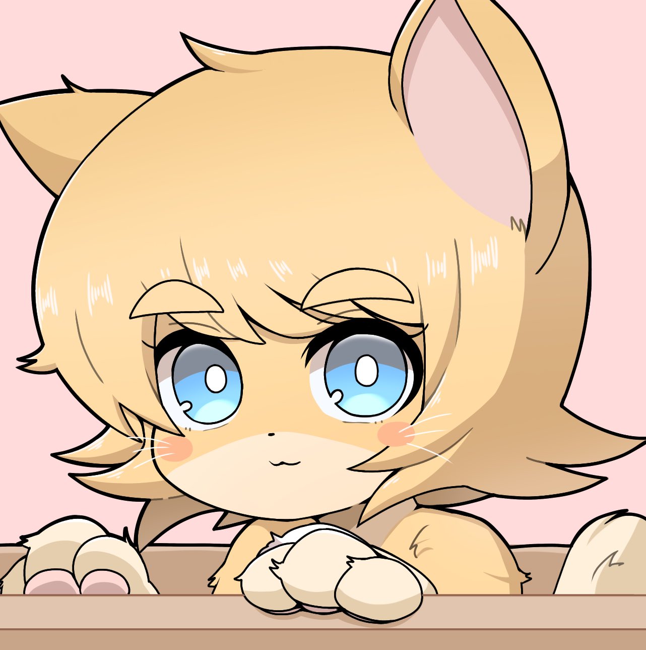 1girl :3 animal_ears bangs blonde_hair blue_eyes blush box bright_pupils cat_ears cat_girl cat_tail closed_mouth commentary_request cookie_(touhou) furrification furry furry_female highres kirisame_marisa looking_at_viewer madore meguru_(cookie) pink_background portrait short_hair smile solo tail thick_eyebrows touhou whiskers white_pupils