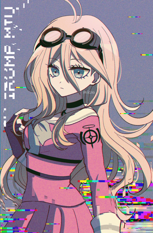 1girl antenna_hair bangs barbed_wire black_choker blonde_hair bow bowtie character_name choker danganronpa_(series) danganronpa_v3:_killing_harmony fingerless_gloves from_side glitch gloves goggles goggles_on_head hair_between_eyes hand_up iruma_miu long_hair long_sleeves mikao_(eanv5385) pink_background pink_shirt pink_skirt pleated_skirt shirt skirt solo wavy_hair