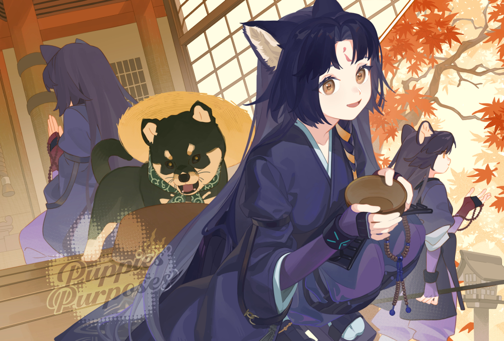 1girl :d animal_ear_fluff animal_ears arknights autumn_leaves baggy_pants beads black_dog black_hair black_kimono bowl brown_eyes commentary dog dog_ears dog_girl english_text facial_mark falling_leaves favilia fingerless_gloves forehead_mark gloves hat holding holding_bowl infection_monitor_(arknights) japanese_clothes kimono lantern leaf long_hair looking_at_viewer maple_leaf multiple_views open_mouth pants pillar prayer_beads praying puffy_sleeves purple_gloves purple_pants saga_(arknights) shiba_inu shrine sitting smile straw_hat tree wooden_floor wooden_lantern