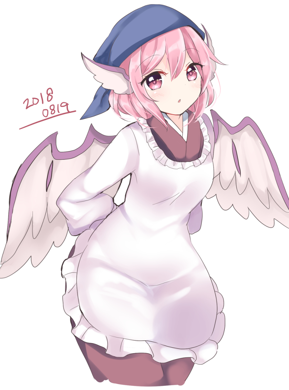 1girl animal_ears apron bird_ears bird_wings blush dated hair_between_eyes head_scarf highres kappougi long_sleeves mystia_lorelei okamisty ougi_hina parted_lips pink_eyes pink_hair short_hair simple_background solo touhou white_background white_wings wings
