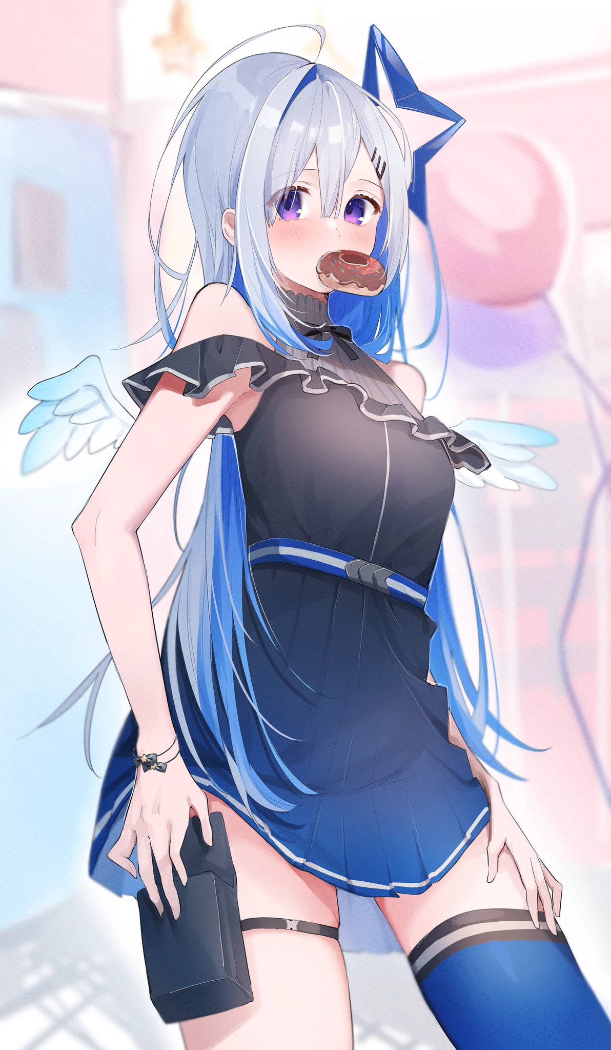 1girl amane_kanata angel_wings blue_hair blush colored_inner_hair doughnut eme_(emeralda) food food_in_mouth grey_hair hair_between_eyes highres hololive long_hair multicolored_hair official_alternate_costume single_thighhigh skindentation sleeveless solo thigh-highs thigh_pouch thigh_strap violet_eyes virtual_youtuber wings