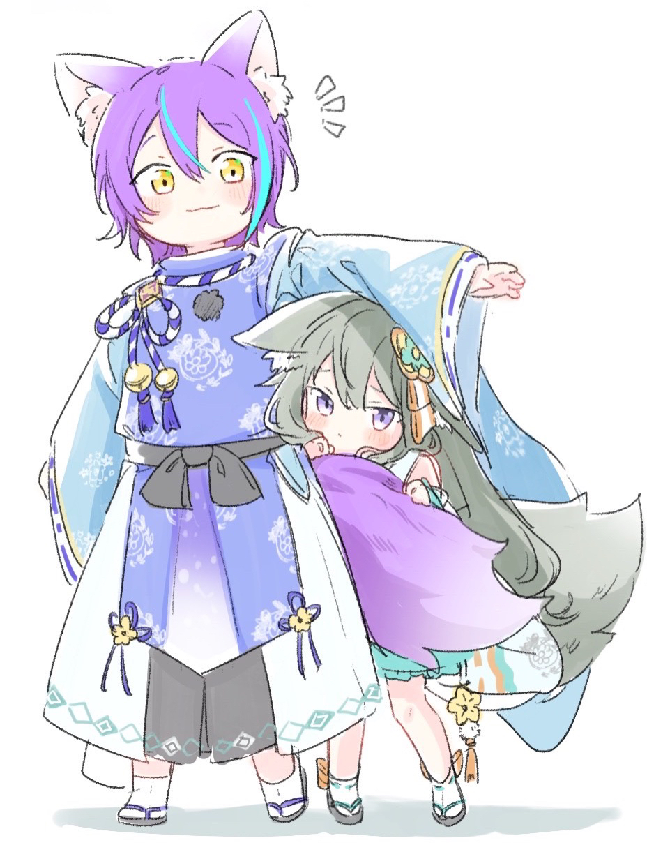 1boy 1girl animal_ear_fluff animal_ears aqua_hair bangs bell blue_robe blush chibi clinging detached_sleeves ears_down fox_boy fox_ears fox_girl fox_tail full_body geta green_hair hair_between_eyes hair_ornament hands_up height_difference hiding hiding_behind_another highres holding_another's_tail japanese_clothes jingle_bell kamishiro_rui kariginu kusanagi_nene long_hair long_sleeves looking_at_viewer multicolored_hair outstretched_arm peeking_out pom_pom_(clothes) project_sekai purple_hair ribbon-trimmed_sleeves ribbon_trim robe sekai_yoni short_hair sidelocks simple_background socks standing streaked_hair tabi tail tassel very_long_hair violet_eyes white_background white_socks wide_sleeves yellow_eyes