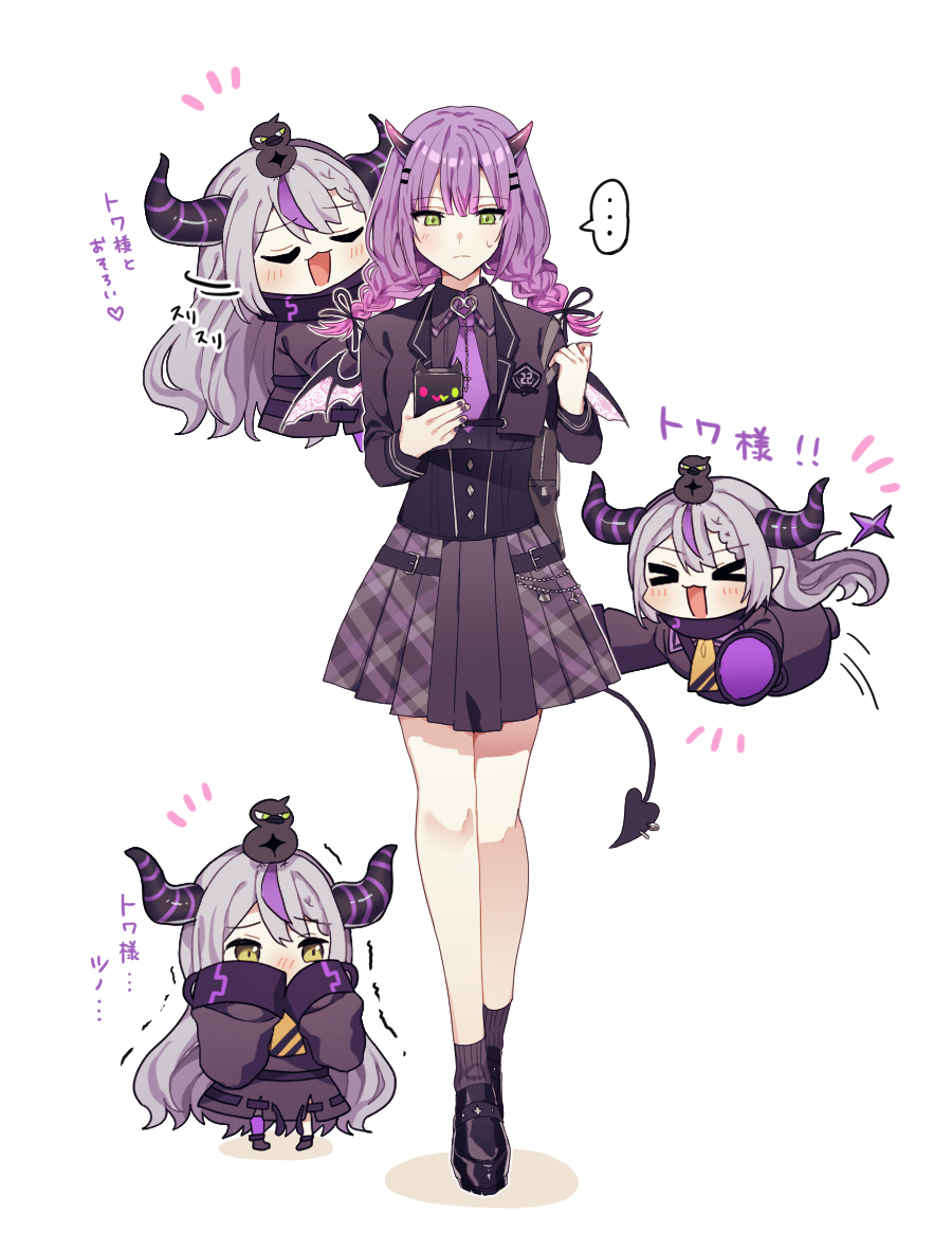 &gt;_&lt; ... 4girls animal_on_head ascot bangs bird bird_on_head black_dress black_footwear black_jacket black_nails black_shirt black_socks blush braid cellphone closed_mouth covering_mouth crow_(la+_darknesss) demon_girl demon_horns demon_tail demon_wings draw_yukisetu dress full_body gradient_hair green_eyes grey_hair hair_ornament hair_ribbon hairclip holding holding_phone hololive horns jacket la+_darknesss long_hair long_sleeves multicolored_hair multiple_girls nail_polish notice_lines on_head phone piercing pink_hair pleated_skirt pointy_ears purple_hair ribbon shirt shoes simple_background skirt sleeves_past_fingers sleeves_past_wrists smartphone socks spoken_ellipsis standing streaked_hair tail tail_ornament tail_piercing tokoyami_towa translation_request twin_braids virtual_youtuber white_background wings yellow_ascot