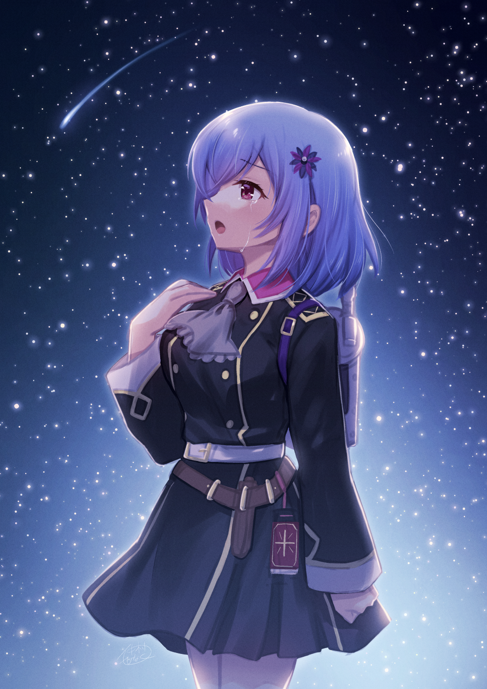 1girl belt belt_buckle black_dress blue_hair breasts buckle character_request collared_dress commentary_request cowboy_shot crying crying_with_eyes_open dress falling_star flower hair_flower hair_ornament hand_up highres houkiboshi_(prima_doll) long_sleeves looking_away medium_breasts nakamura_hinato night night_sky pleated_dress prima_doll_(anime) red_eyes sky solo star_(sky) starry_sky tears white_belt