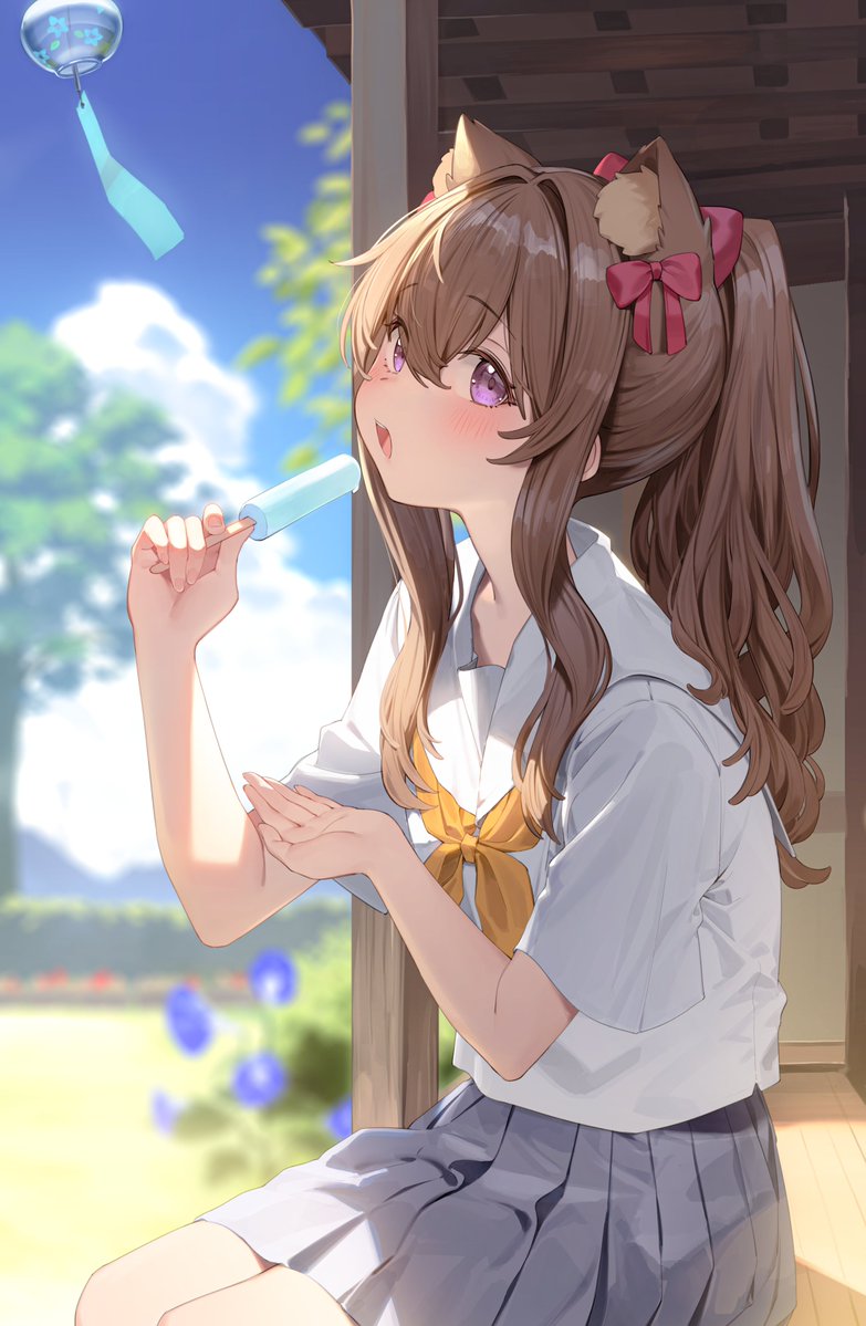 1girl animal_ear_fluff animal_ears bangs blurry blurry_background blush bow brown_hair collared_shirt day extra_ears food grey_skirt hair_between_eyes hair_bow holding holding_food long_hair looking_at_viewer neckerchief nyum open_mouth original pleated_skirt ponytail popsicle red_bow shirt short_sleeves sidelocks sideways_glance sitting skirt solo violet_eyes white_shirt yellow_neckerchief