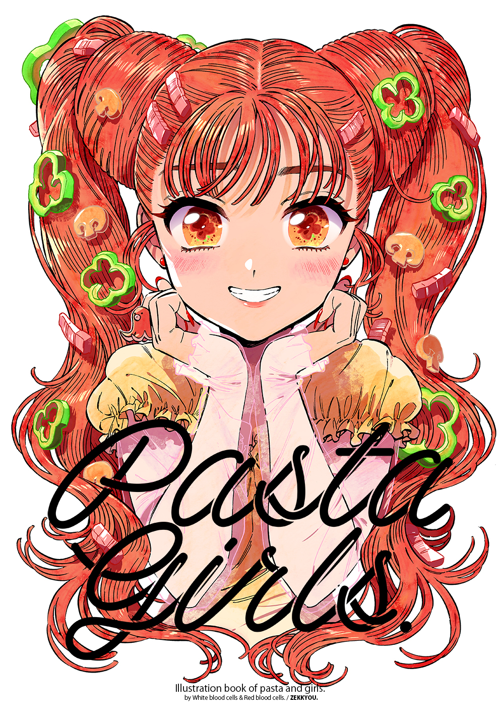 1girl blush earrings english_text food food-themed_hair_ornament food_art grin hair_ornament head_rest highres jewelry long_hair looking_at_viewer nail_polish orange_eyes orange_hair original puffy_short_sleeves puffy_sleeves red_nails see-through see-through_sleeves short_sleeves smile solo straight-on sunshine_creation symbol_in_eye tako-san_wiener twintails wavy_hair zekkyou_(h9s9)