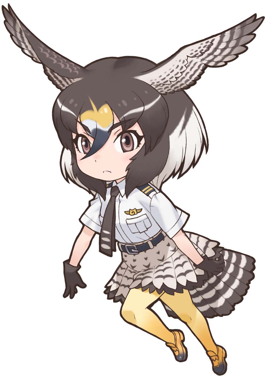 1girl animal_costume belt bird_girl bird_tail bird_wings black_eyes closed_mouth gloves highres kemono_friends kneehighs looking_at_viewer multicolored_hair necktie official_art peregrine_falcon_(kemono_friends) shirt shoes short_hair simple_background skirt socks solo tachi-e tail white_background wings yoshizaki_mine