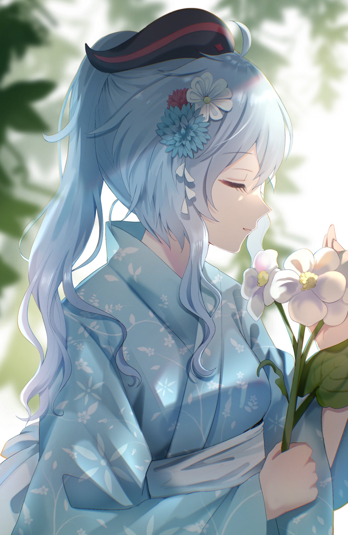 1girl ahoge bangs blue_hair closed_eyes floral_print flower ganyu_(genshin_impact) genshin_impact goat_horns hair_flower hair_ornament highres holding holding_flower horns japanese_clothes kimono long_hair nasii obi sash sidelocks smile solo yukata