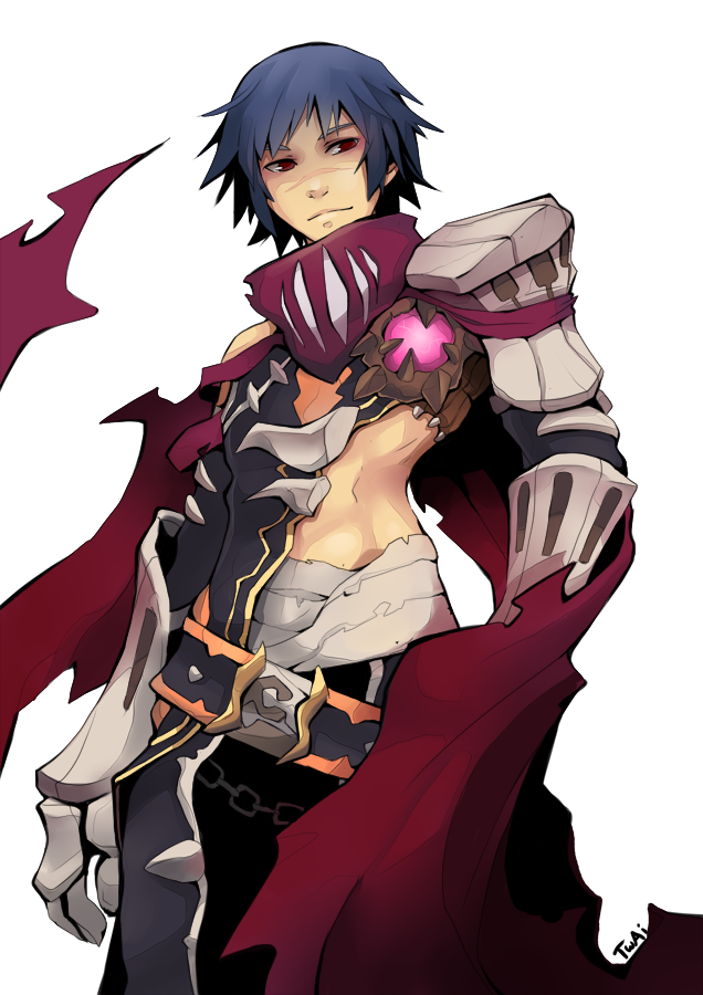 1boy armor bandages bangs belt black_pants blue_hair chain closed_mouth commentary cowboy_shot english_commentary eremes_guile gauntlets looking_at_viewer loose_belt male_focus pants pauldrons pink_gemstone ragnarok_online_2:_legend_of_the_second red_eyes red_scarf scar scar_on_face scar_on_nose scarf short_hair shoulder_armor simple_background smile solo transparent_background twai