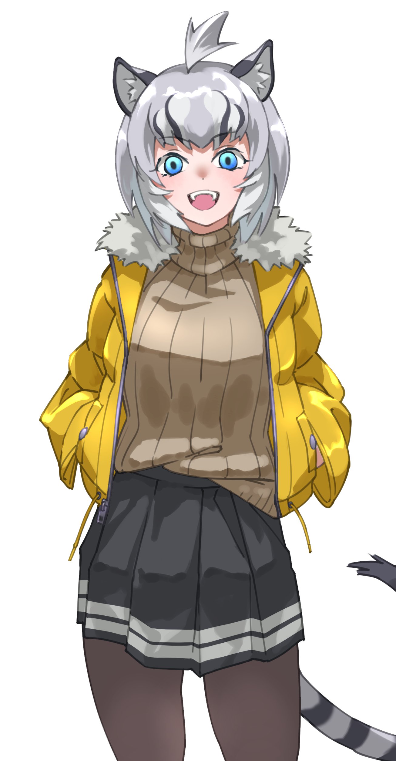 1girl absurdres alternate_costume animal_ears black_pantyhose black_skirt blue_eyes blush brown_sweater casual cave_lion_(kemono_friends) cowboy_shot grey_hair hands_in_pockets highres jacket kemono_friends lion_ears lion_girl lion_tail looking_at_viewer multicolored_hair open_clothes open_jacket open_mouth pantyhose pleated_skirt short_hair skirt solo sweater tail tanabe_(fueisei) turtleneck turtleneck_sweater yellow_jacket