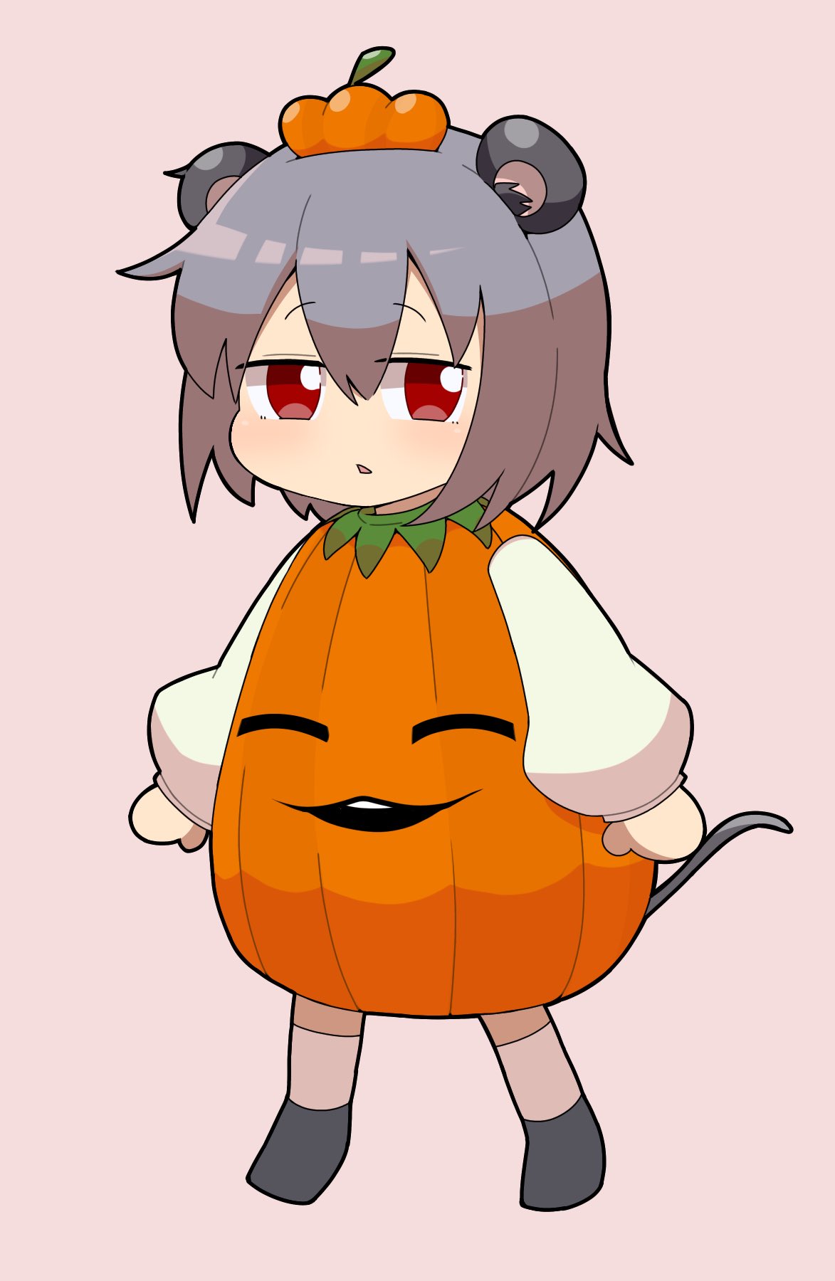 1girl animal_ears bangs blush commentary_request cookie_(touhou) expressionless full_body grey_hair hair_between_eyes highres ichigo_(cookie) looking_at_viewer madore mouse_ears mouse_girl mouse_tail nazrin nyon_(cookie) open_mouth pink_background pumpkin_costume red_eyes short_hair simple_background solo standing tail touhou