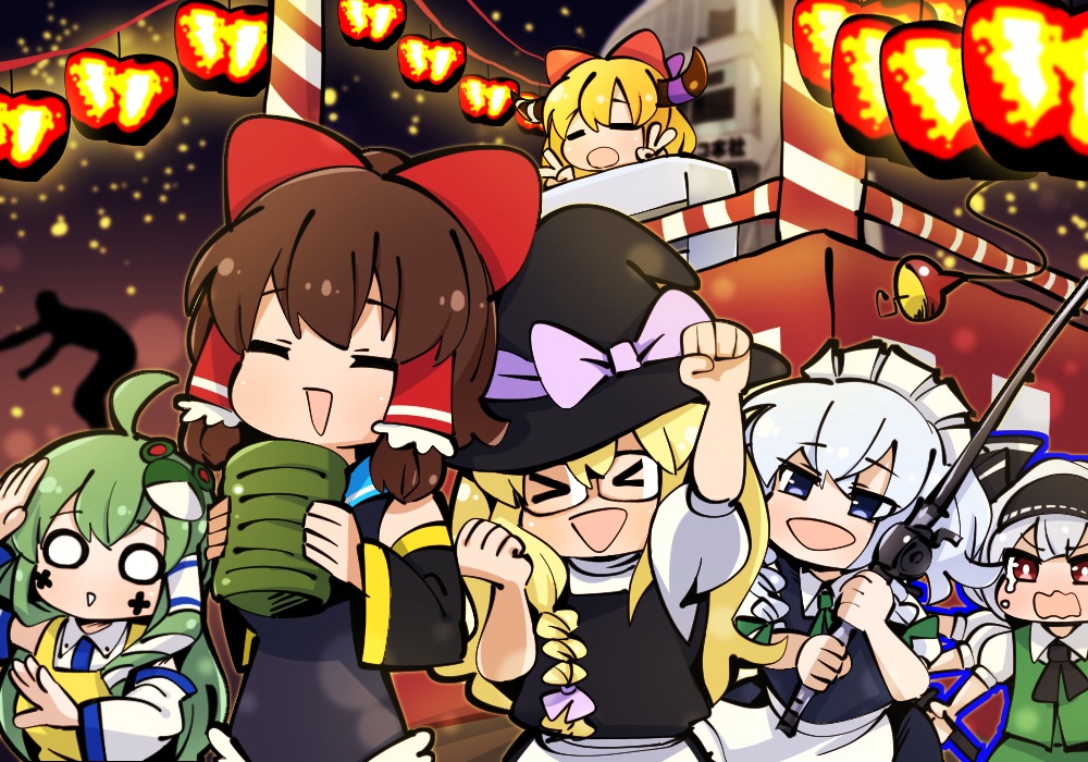 &gt;_&lt; 6+girls ahoge apple_(inmu) apron bangs black_hairband black_headwear black_sleeves black_swimsuit black_vest blank_eyes blonde_hair blue_eyes bow braid bright_pupils brown_hair brown_horns closed_mouth collared_shirt cookie_(touhou) cowboy_shot cross cup detached_sleeves eska_(cookie) facepaint festival fishing_rod fist_pump frilled_hair_tubes frills frog_hair_ornament genpatsu_(cookie) gram_9 green_bow green_hair green_vest hair_bow hair_ornament hair_tubes hairband hakurei_reimu hat hat_bow holding holding_fishing_rod horn_bow horn_ornament horns ibuki_suika izayoi_sakuya kirisame_marisa kochiya_sanae konpaku_youmu long_hair maid_headdress manatsu_no_yo_no_inmu medium_hair multiple_girls niconico office open_mouth paseri_(cookie) pink_bow purple_bow red_bow red_eyes reu_(cookie) school_swimsuit shirt short_hair side_braid sidelocks single_braid sleeveless sleeveless_shirt smile snake_hair_ornament swimsuit tearing_up touhou tsurikichi_obasan twintails uzuki_(cookie) vest white_pupils white_shirt witch_hat yamin_(cookie) yellow_apron yunomi