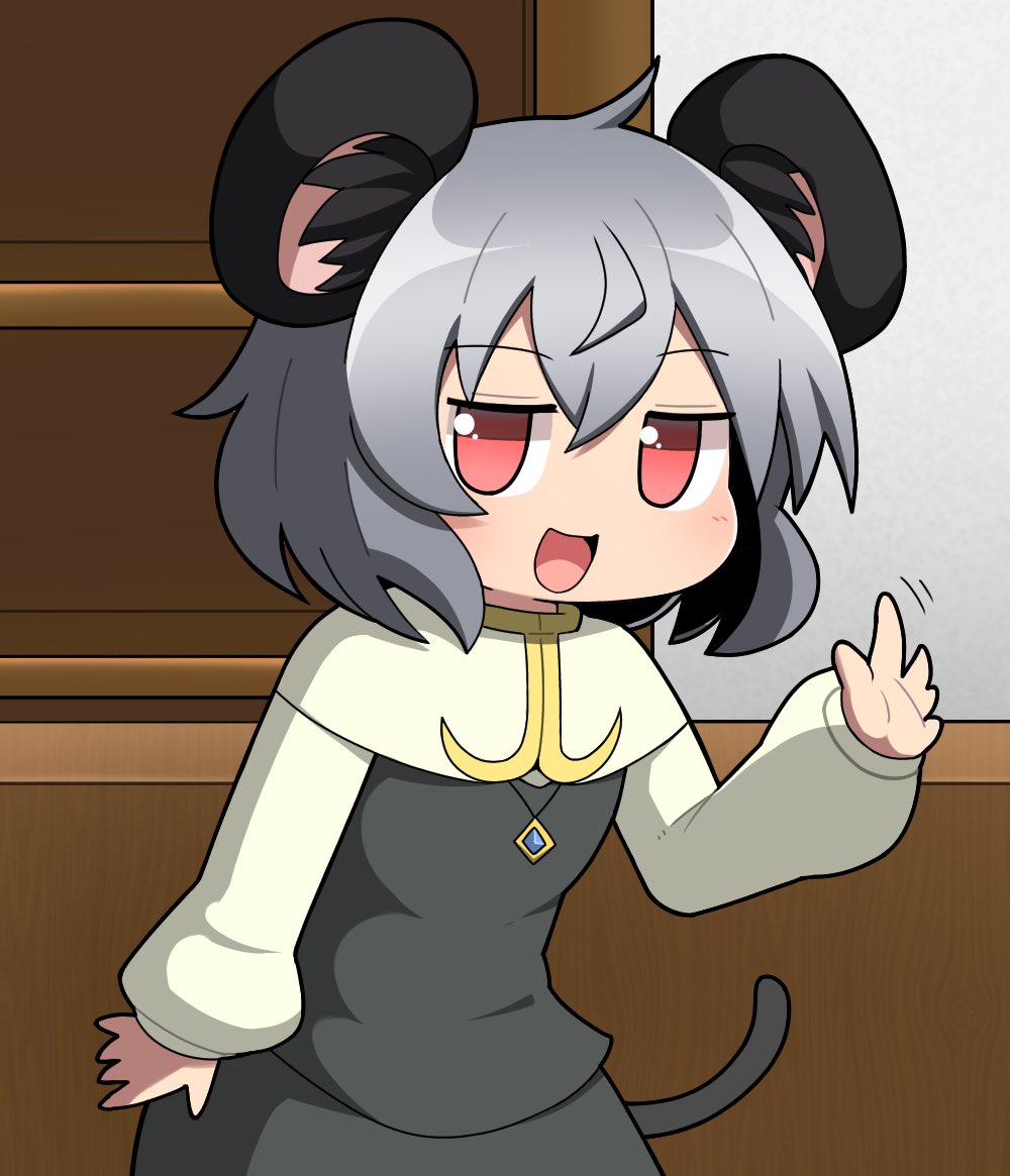 1girl animal_ears bangs blush capelet cookie_(touhou) counter cowboy_shot crystal flat_chest grey_hair grey_skirt grey_vest hair_between_eyes jewelry layered_clothes long_sleeves looking_at_viewer madore mouse_ears mouse_girl mouse_tail nazrin nyon_(cookie) open_mouth pendant red_eyes shelf shirt short_hair skirt skirt_set smile solo tail touhou vest waving white_capelet white_shirt