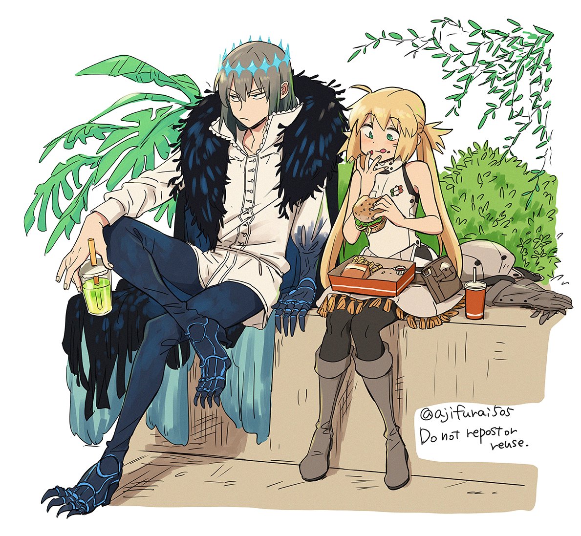 1boy 1girl artoria_caster_(fate) artoria_pendragon_(fate) asaya_minoru bangs bare_arms bare_shoulders black_pants blonde_hair blue_eyes boots brown_footwear brown_gloves brown_hair burger cabbie_hat closed_mouth collared_shirt commentary_request cup disposable_cup dress drinking_straw english_text fate/grand_order fate_(series) food food_on_face french_fries gloves gloves_removed green_eyes grey_headwear hair_between_eyes hat hat_removed headwear_removed holding holding_cup holding_food knee_boots licking_lips long_hair long_sleeves looking_away oberon_(fate) oberon_(third_ascension)_(fate) pants pantyhose puffy_long_sleeves puffy_sleeves shirt sitting sleeveless sleeveless_dress solo spoilers tongue tongue_out twintails twitter_username very_long_hair white_background white_dress white_shirt