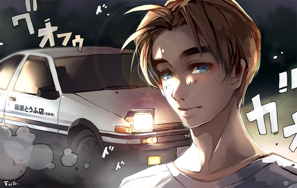 1boy bangs blue_eyes brown_hair car closed_mouth commentary english_commentary fujiwara_takumi ground_vehicle headlight initial_d looking_at_viewer male_focus motor_vehicle parted_bangs portrait shirt short_hair smile solo t-shirt toyota_sprinter_trueno twai white_shirt