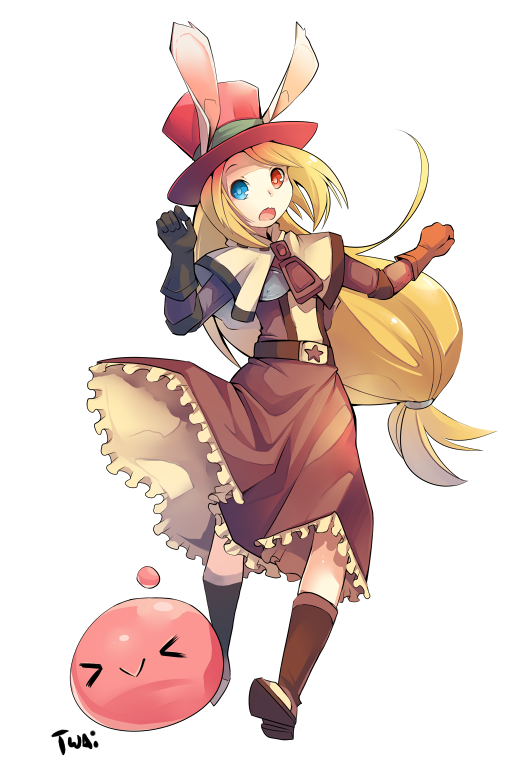 &gt;_&lt; 1girl animal_ears bangs blonde_hair blue_eyes brown_capelet brown_dress brown_gloves capelet chest_guard commentary dress english_commentary frilled_dress frills full_body gloves hat heterochromia long_hair looking_at_viewer low-tied_long_hair open_mouth poring rabbit_ears ragnarok_online red_eyes red_headwear simple_background swordsman_(ragnarok_online) top_hat transparent_background twai