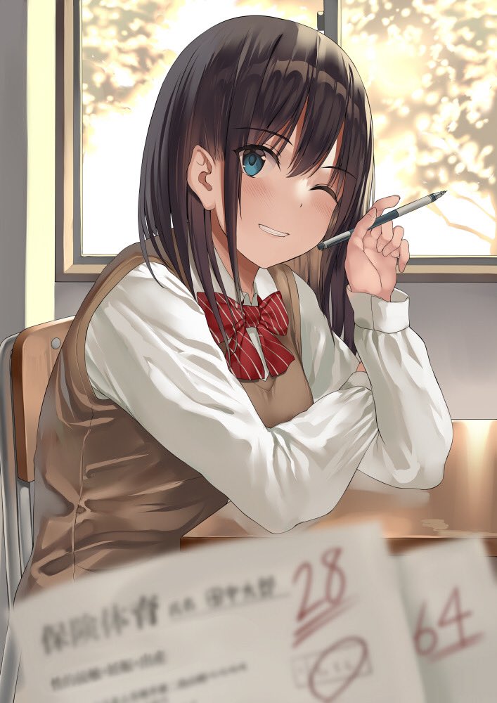 1girl blue_eyes bow bowtie brown_hair brown_vest chair classroom desk grin holding holding_pen kureha_(ironika) long_sleeves looking_at_viewer medium_hair one_eye_closed original pen pov red_bow red_bowtie school_chair school_desk school_uniform shirt smile solo striped striped_bow striped_bowtie test tsubasa_(kureha) vest white_shirt window
