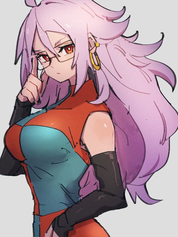 1girl android_21 black_sleeves blue_eyes checkered_clothes checkered_dress detached_sleeves dragon_ball dragon_ball_fighterz dress earrings glasses grey_background hoop_earrings jewelry kemachiku long_hair looking_at_viewer majin_android_21 pink_hair red_eyes simple_background solo