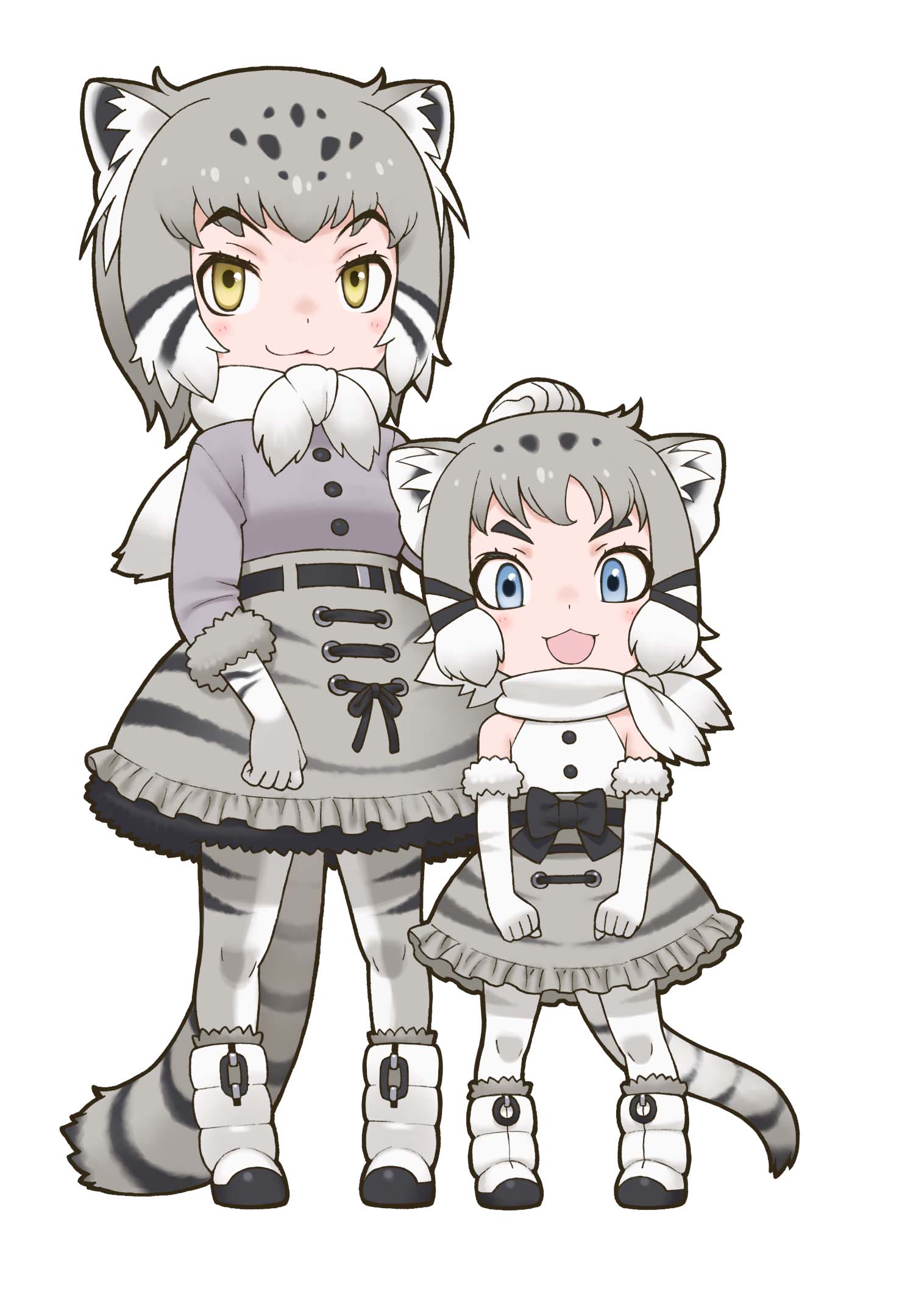 2girls animal_ear_fluff animal_ears blue_eyes closed_mouth gloves grey_hair highres kemono_friends kneehighs looking_at_viewer multicolored_hair multiple_girls official_art open_mouth pallas's_cat_(kemono_friends) ribbon scarf shirt shoes short_hair simple_background skirt sleeveless sleeveless_shirt socks standing tachi-e tail white_background yellow_eyes yoshizaki_mine