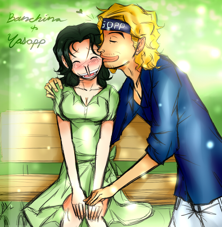 1boy 1girl banchina black_hair blush closed_eyes couple dress green_dress holding_hands kiss kissing_cheek long_hair one_piece smile smudgeandfrank yasopp