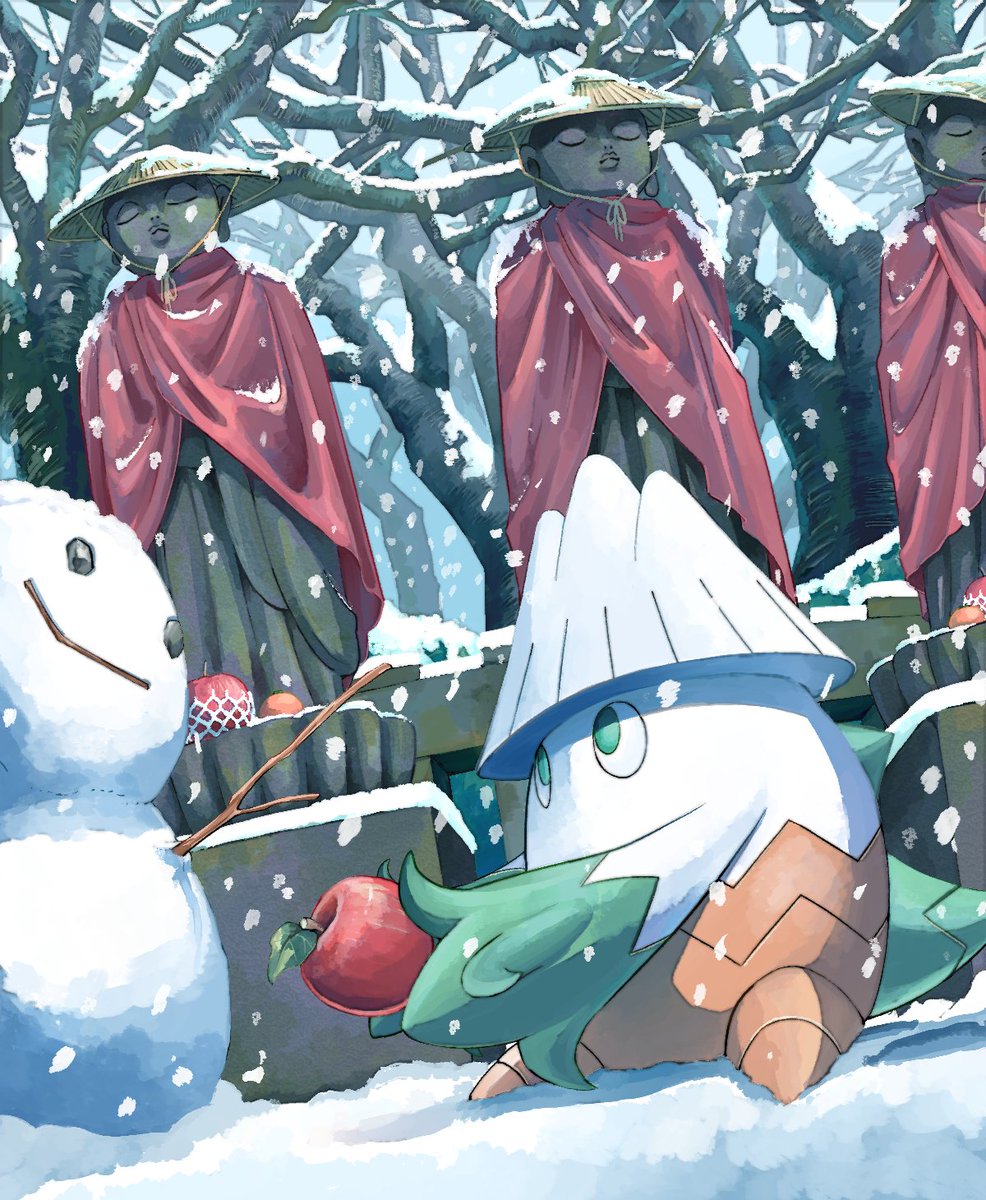 ajirogasa apple bare_tree commentary_request food fruit green_eyes hat highres holding holding_food holding_fruit jizou looking_up mukiguri no_humans outdoors pokemon pokemon_(creature) sitting snorunt snow snowing snowman stick tree winter