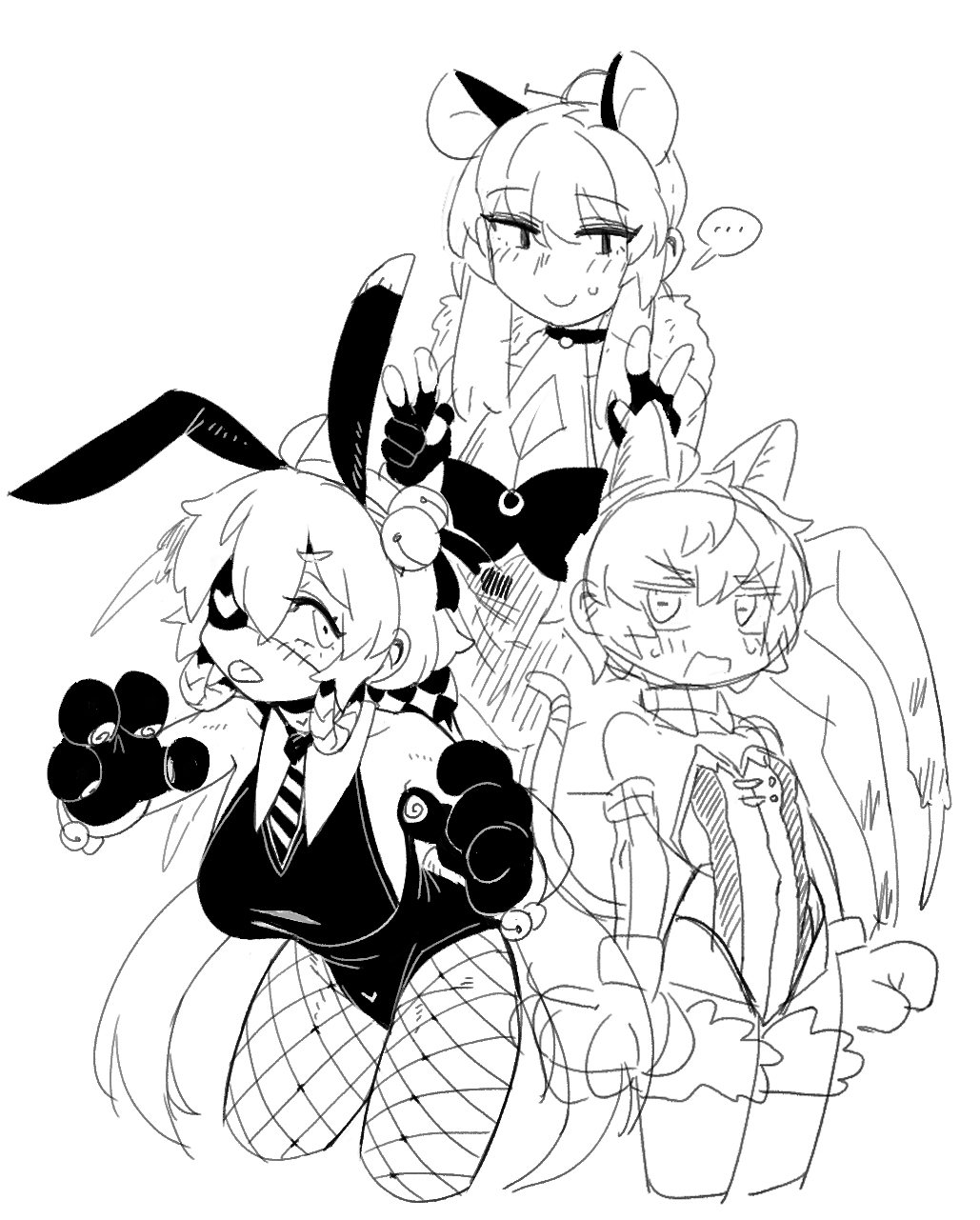 ... 3girls animal_ears animal_hands arthropod_girl arthropod_limbs bangs bare_shoulders bell breasts cat_ears cat_tail closed_mouth cropped_legs eyepatch fingerless_gloves fishnet_pantyhose gloves heart heart_eyepatch highres jingle_bell large_breasts leotard long_hair monochrome multiple_girls nyong_nyong original paw_gloves rabbit_ears simple_background smile solo speech_bubble spider_girl spoken_ellipsis tail tongue tongue_out v-shaped_eyebrows white_background