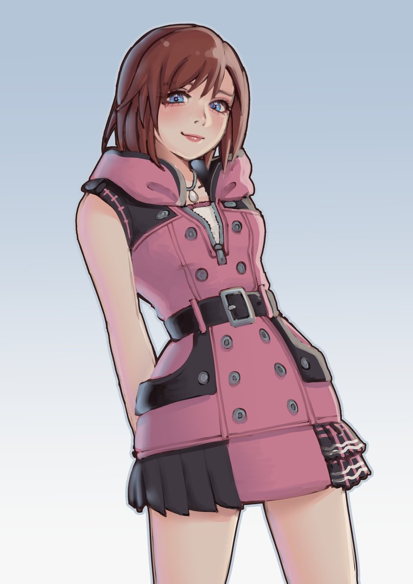 1girl arms_behind_back bare_arms belt black_dress blue_eyes blush breasts buttons cowboy_shot dress grey_background hair_between_eyes highres hood hood_down hooded_dress jewelry kairi_(kingdom_hearts) kingdom_hearts kingdom_hearts_iii looking_at_viewer medium_breasts medium_hair necklace pink_dress plaid pleated_skirt redhead short_dress skirt smile solo two-tone_dress upper_body