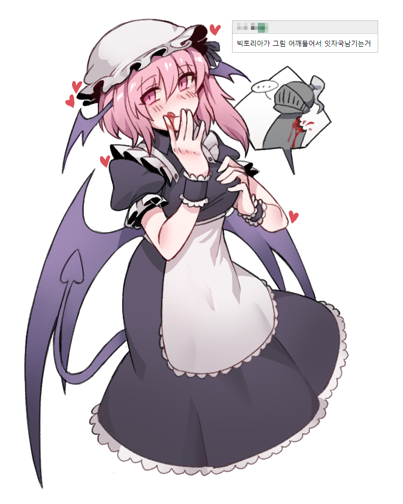 ... 1boy 1girl apron bangs bat_wings bite_mark black_dress black_ribbon black_souls blood blood_in_mouth breasts closed_mouth demon_girl demon_tail dress frilled_sleeves frills grimm_(black_souls) hair_between_eyes hair_ribbon hat head_wings heart korean_text long_hair medium_breasts mob_cap nyong_nyong pink_eyes pink_hair puffy_short_sleeves puffy_sleeves purple_tail purple_wings ribbon short_sleeves side_ponytail simple_background smile spoken_ellipsis tail tongue tongue_out victoria_(black_souls) waist_apron white_apron white_background white_headwear wings wristband