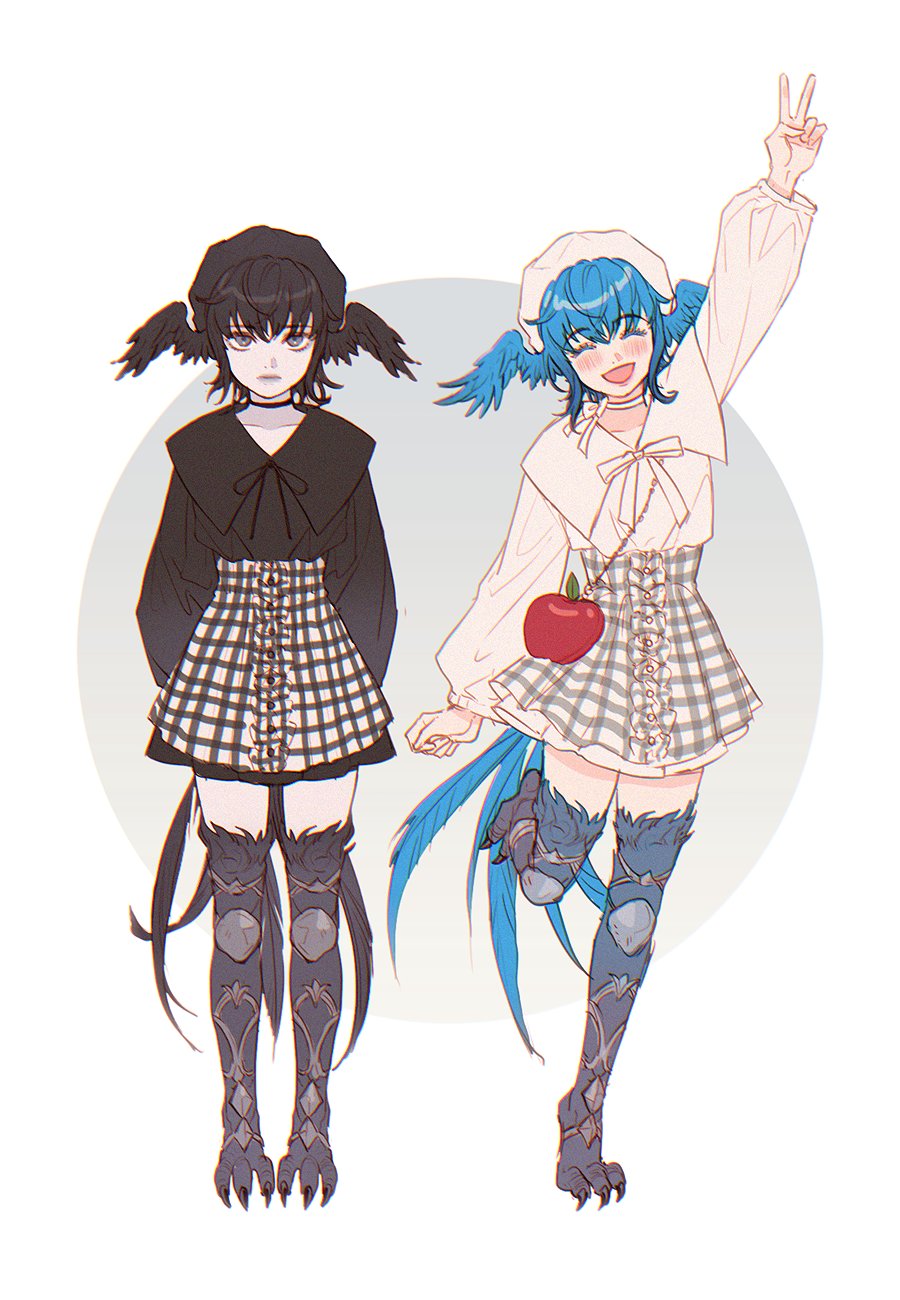 2girls ^_^ ^o^ alternate_costume arm_up arms_behind_back bag bangs beret bird_girl bird_legs bird_tail bird_wings black_choker black_hair black_headwear black_shirt blush brown_headwear brown_shirt checkered_clothes checkered_skirt choker clenched_hand closed_eyes collarbone commentary_request contemporary expressionless facing_viewer feathered_wings final_fantasy final_fantasy_xiv food-themed_bag frills full_body grey_eyes grey_lips handbag happy happy_papaya hat head_wings high-waist_skirt highres korean_commentary leg_up long_sleeves looking_at_viewer meteion multiple_girls neck_ribbon open_mouth ribbon shirt short_hair simple_background skirt standing standing_on_one_leg straight-on tail talons two-tone_background v white_background white_choker wings