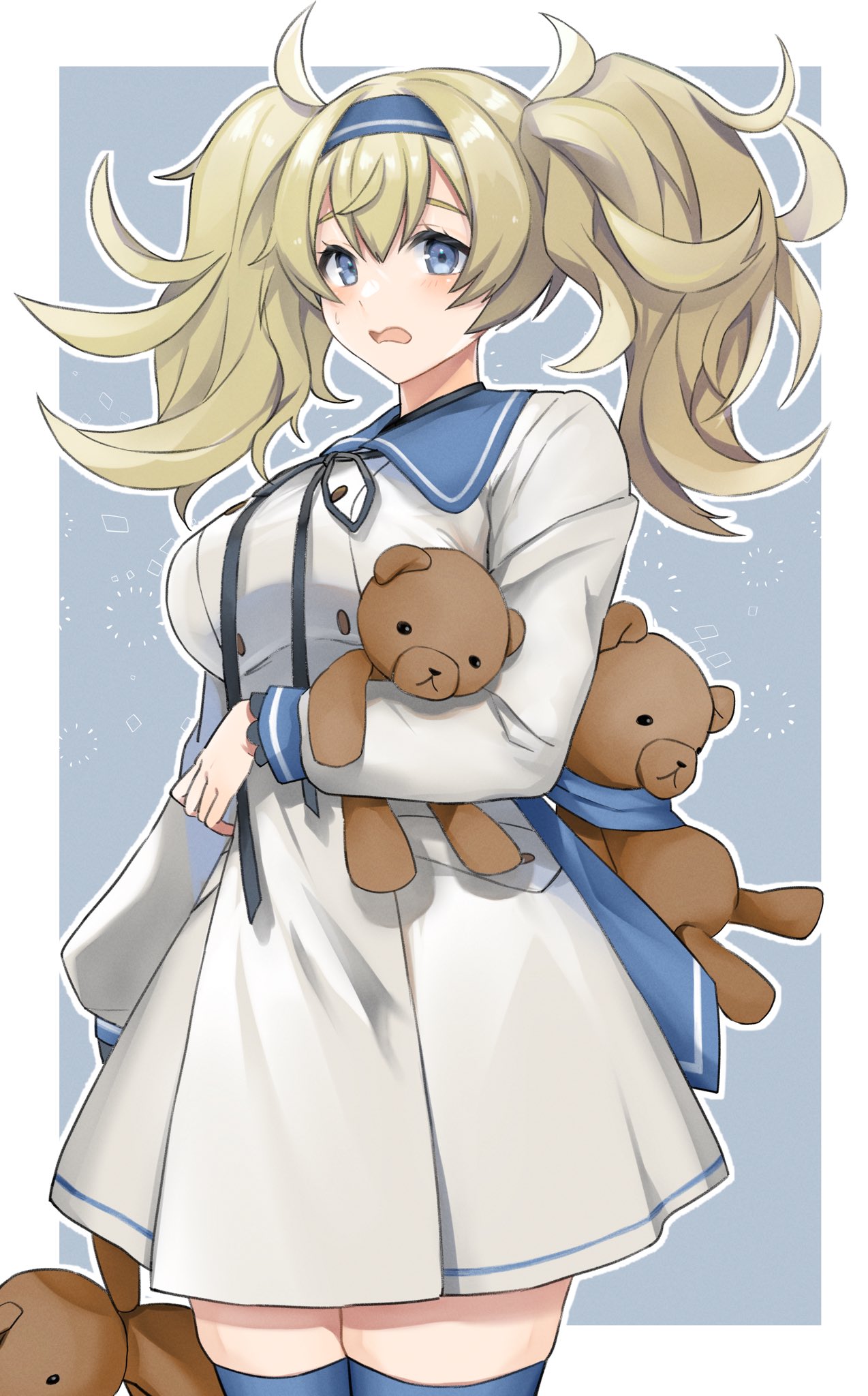 1girl blonde_hair blue_eyes blue_hairband blush border breasts cowboy_shot dress gambier_bay_(kancolle) hair_between_eyes hairband highres kantai_collection large_breasts long_hair long_sleeves official_alternate_costume open_mouth solo stuffed_animal stuffed_toy teddy_bear toriniku_senshi_chikinman twintails white_border white_dress