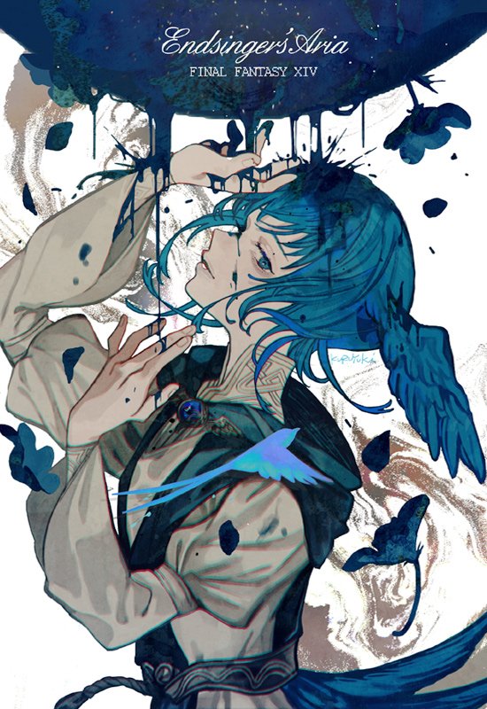 1girl ailout2 bird bird_girl bird_tail bird_wings blue_eyes blue_flower blue_hair brooch collared_dress copyright_name dress dripping expressionless feathered_wings final_fantasy final_fantasy_xiv flower from_side grey_dress hands_up head_wings hood hood_down jewelry liquid long_sleeves looking_back looking_down meteion profile puffy_long_sleeves puffy_sleeves sash short_hair signature solo spoilers standing tail upper_body white_background wings