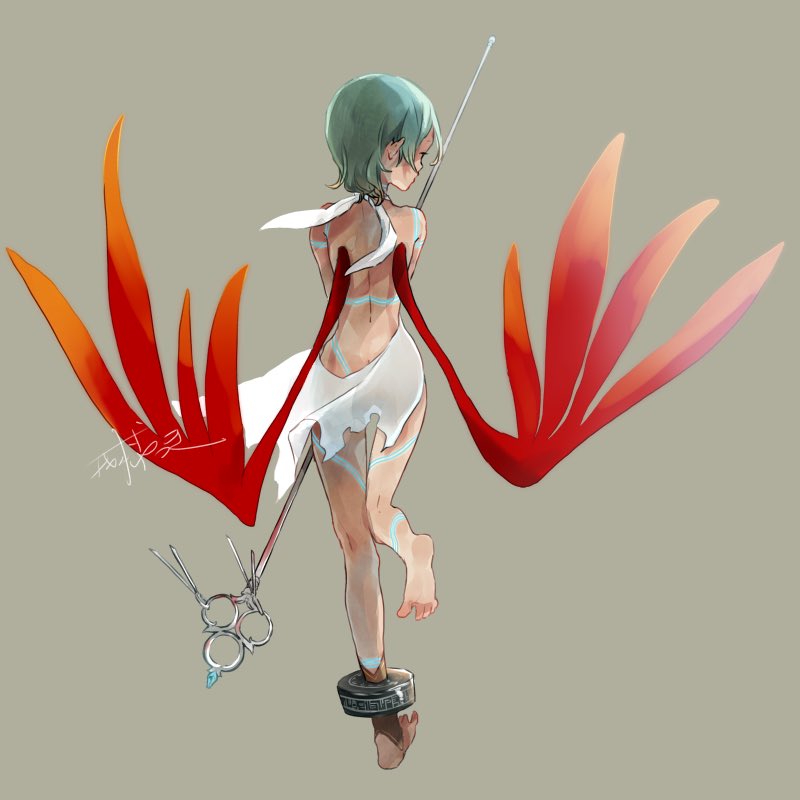 1girl barefoot bracelet breath_of_fire breath_of_fire_v dress full-body_tattoo full_body green_hair jewelry nina_(breath_of_fire_v) red_wings see-through short_hair simple_background solo tattoo underwear weapon white_dress wings yutsuki