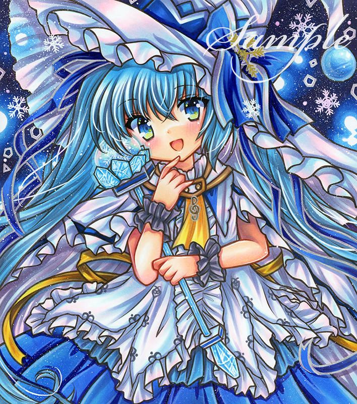 1girl :d bangs blue_bow blue_dress blue_eyes blue_hair blue_ribbon blush bow cape center_frills cowboy_shot crystal dress embellished_costume finger_to_mouth frilled_cuffs frilled_dress frills hand_up hat hat_bow hat_ribbon hatsune_miku holding holding_wand layered_dress long_hair looking_at_viewer marker_(medium) open_mouth ribbon rui_(sugar3) sample_watermark short_sleeves smile snowflakes solo standing traditional_media treble_clef twintails two-tone_dress very_long_hair vocaloid wand white_cape white_dress white_headwear witch_hat wrist_cuffs yellow_ribbon yuki_miku yuki_miku_(2014)