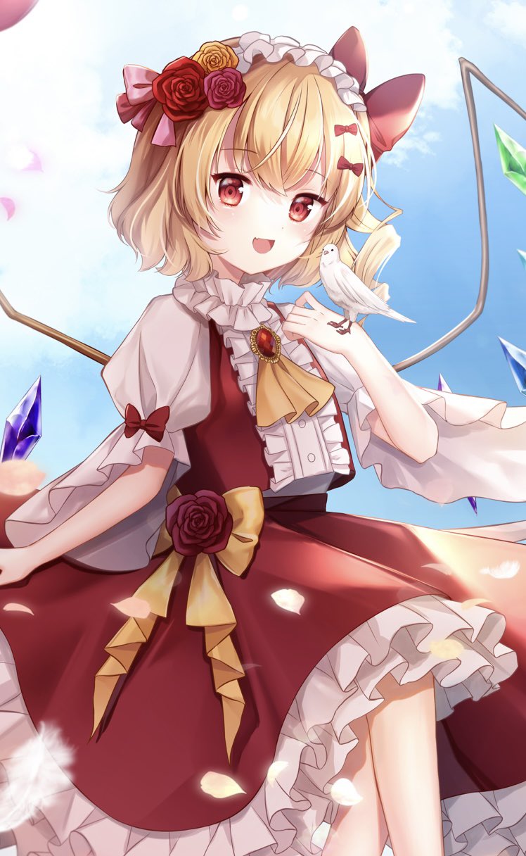 1girl :d bangs bird bird_on_hand blonde_hair blue_sky blush bow brooch center_frills clouds crossed_legs crystal dove fang feathers feet_out_of_frame flandre_scarlet flower frilled_hairband frilled_skirt frills hair_bow hair_flower hair_ornament hairband highres jewelry looking_at_viewer medium_hair mumu-crown neck_ruff no_hat no_headwear one_side_up open_mouth puffy_short_sleeves puffy_sleeves red_eyes red_ribbon red_skirt red_vest ribbon rose shirt short_sleeves sitting skin_fang skirt sky smile solo touhou vest waist_bow white_shirt wide_sleeves wings yellow_bow