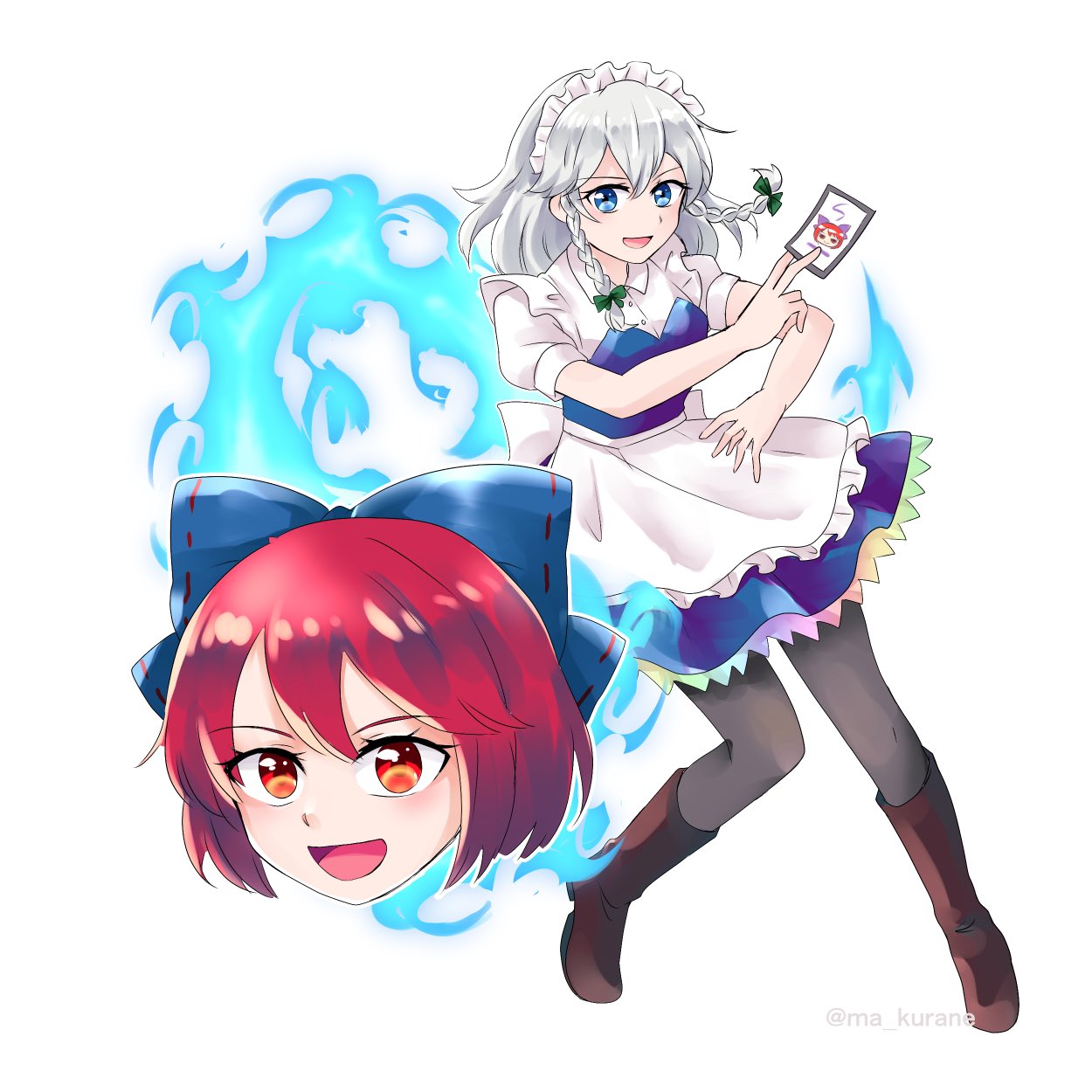 2girls :d apron bangs blue_bow blue_eyes boots bow braid brown_footwear card disembodied_head full_body grey_hair hair_bow hajimakura highres holding holding_card izayoi_sakuya looking_at_viewer maid multiple_girls red_eyes redhead sekibanki short_hair side_braids simple_background smile touhou twin_braids unconnected_marketeers waist_apron white_apron white_background