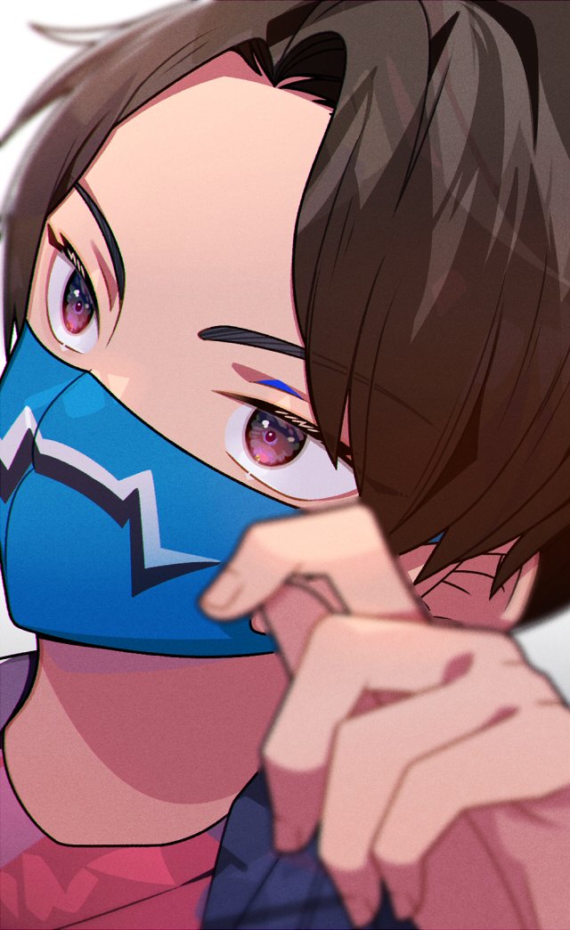 1boy blue_jacket brown_hair hito01 igarashi_ikki jacket kamen_rider kamen_rider_revice looking_at_viewer male_focus mask mouth_mask pink_eyes pink_shirt print_mask shirt simple_background thin_eyebrows upper_body white_background