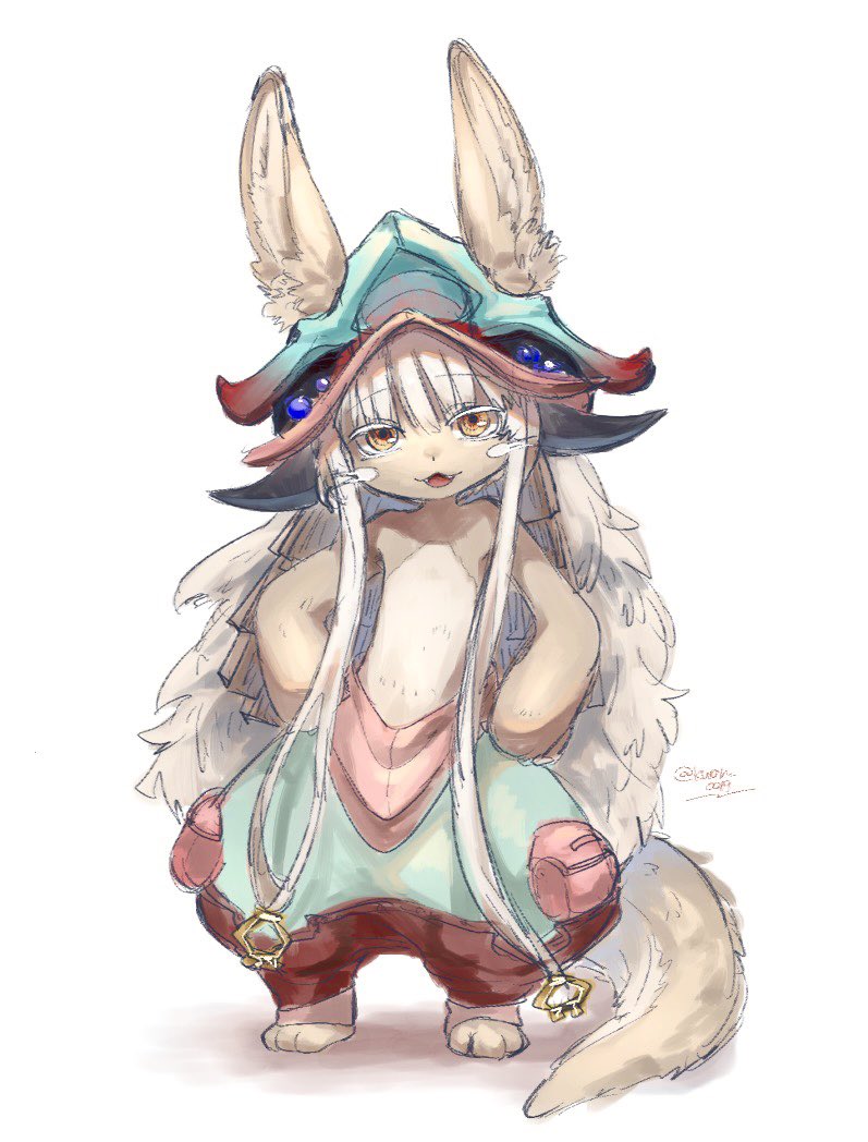 1other :3 animal_ears aqua_headwear brown_eyes brown_fur closed_eyes commentary_request ears_through_headwear fake_horns fangs full_body green_pants grey_hair hands_on_hips helmet horned_helmet horns kwon_0019 looking_at_viewer made_in_abyss nanachi_(made_in_abyss) open_mouth other_focus pants puffy_pants red_pants short_hair_with_long_locks sidelocks simple_background sketch smile solo standing tail topless twitter_username two-tone_pants whiskers white_background