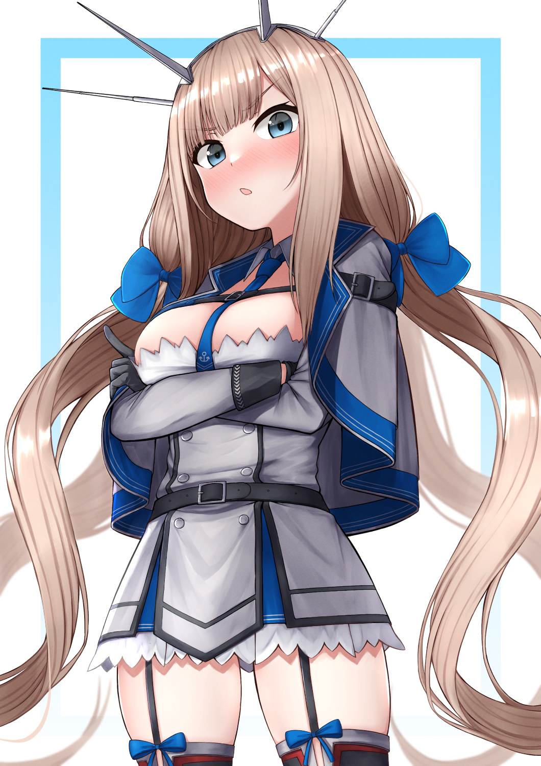 1girl between_breasts black_gloves black_thighhighs blonde_hair blue_bow blue_capelet blue_eyes blue_necktie bow breasts capelet cowboy_shot crossed_arms dress garter_straps gloves grey_capelet grey_dress headgear highres kantai_collection large_breasts long_hair low_twintails maryland_(kancolle) multicolored_capelet necktie necktie_between_breasts pleated_dress solo standing thigh-highs tiemu_(man190) twintails very_long_hair