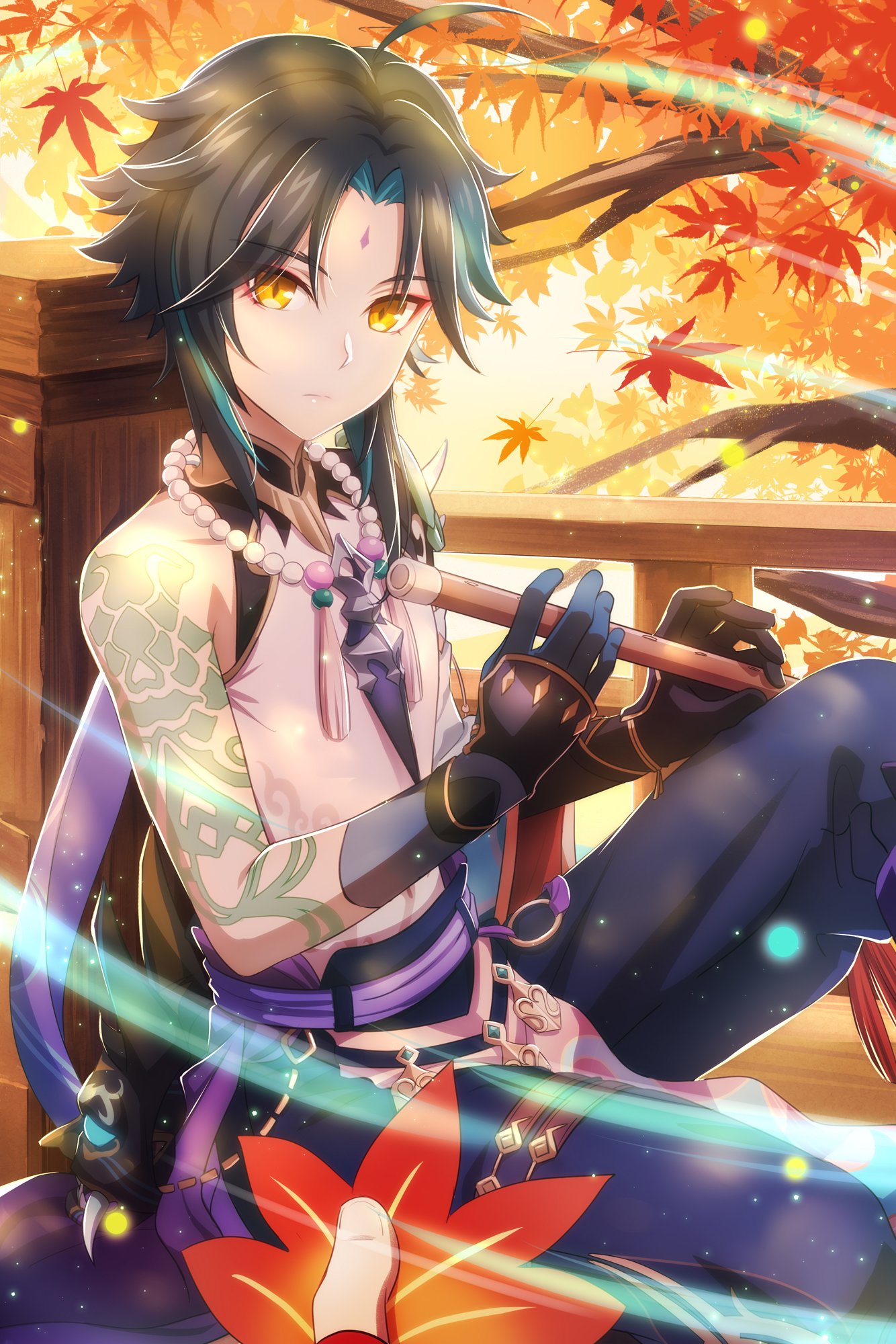 1boy arm_tattoo autumn autumn_leaves bead_necklace beads closed_mouth dappled_sunlight diamond-shaped_pupils diamond_(shape) fcc fingerless_gloves fingernails genshin_impact gloves green_hair highres holding holding_instrument instrument jewelry kaedehara_kazuha looking_at_viewer male_focus mask multicolored_hair necklace out_of_frame single_bare_shoulder slit_pupils streaked_hair sunlight symbol-shaped_pupils tassel tattoo xiao_(genshin_impact) yellow_eyes